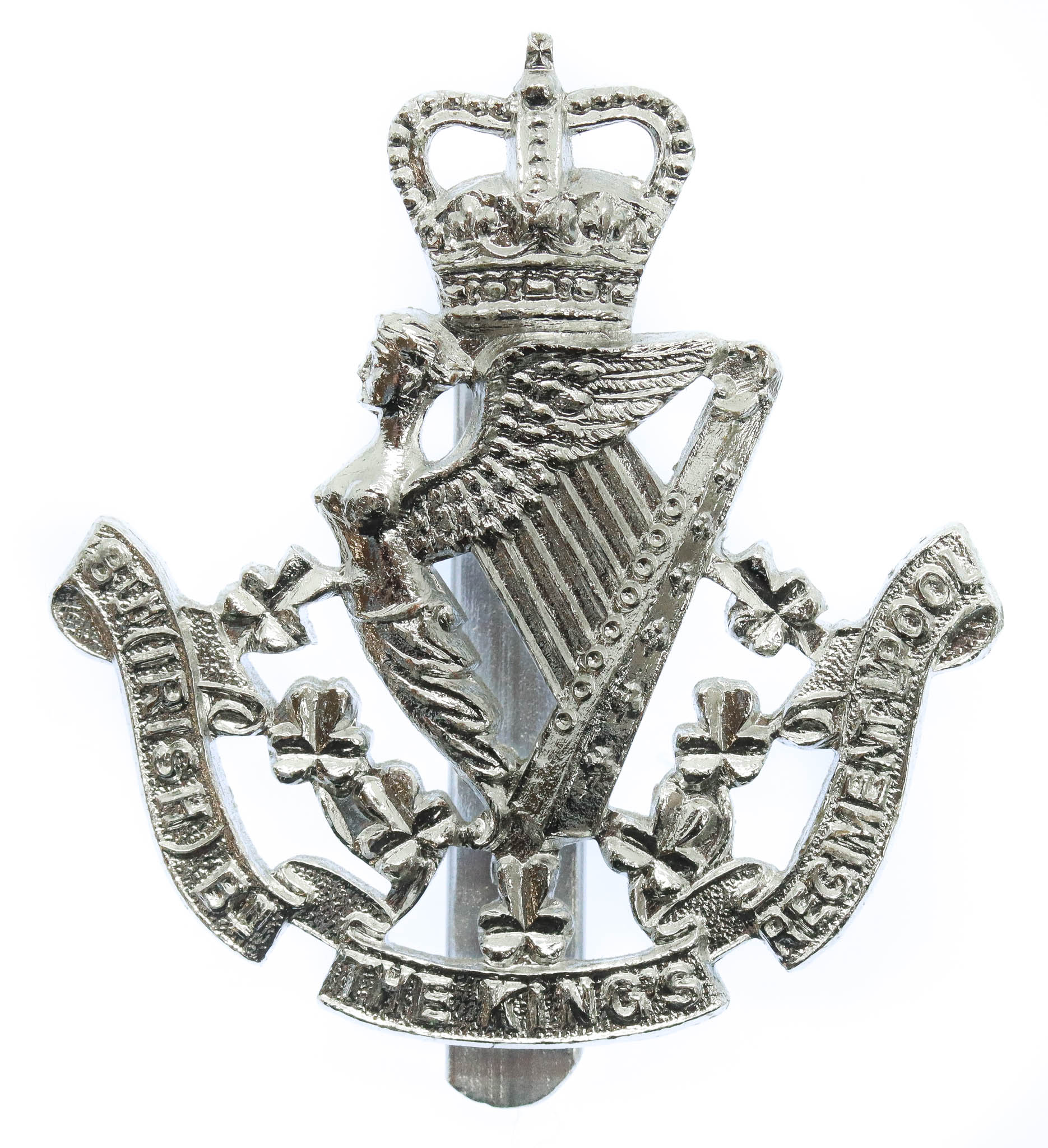8th (Irish) Bn. The King's (Liverpool) Regiment Anodised (Satybrite) Cap Badge - Queen's Crown
