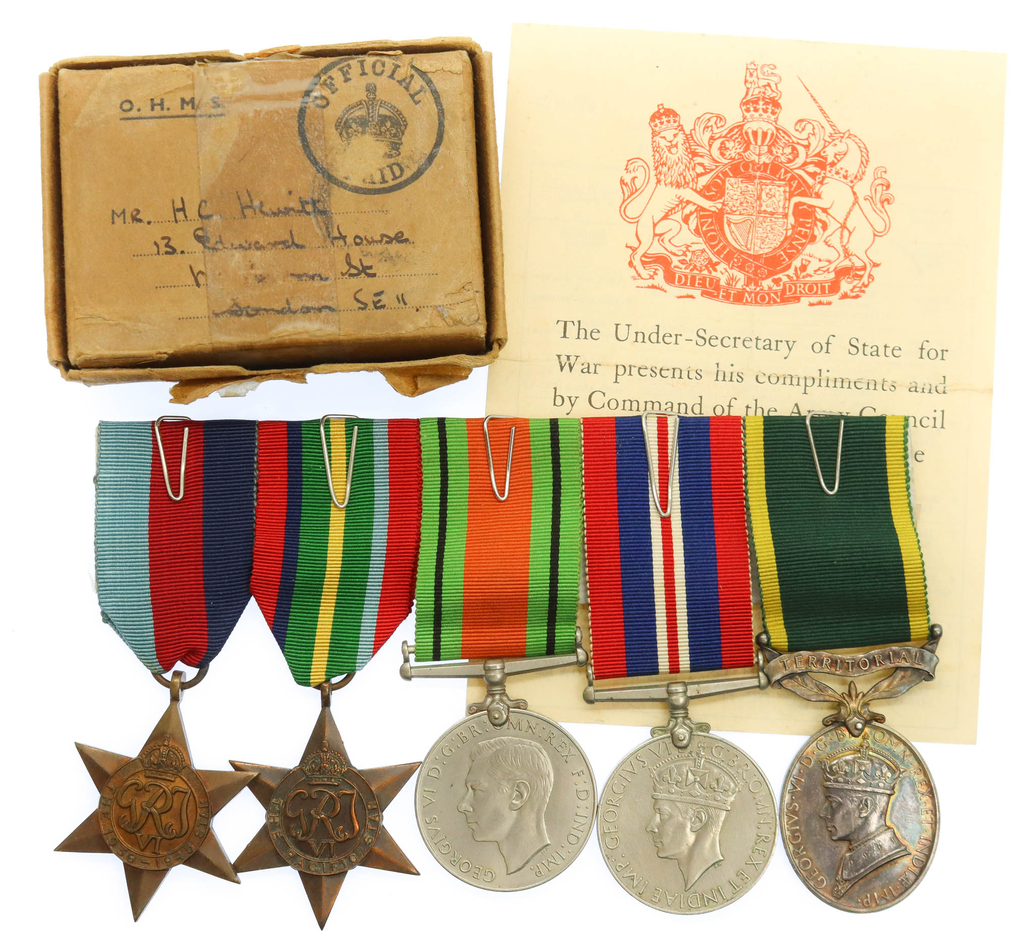 WW2 Territorial Efficiency Medal Group of Five - Pte. H.C. Hewitt, Royal Army Medical Corps