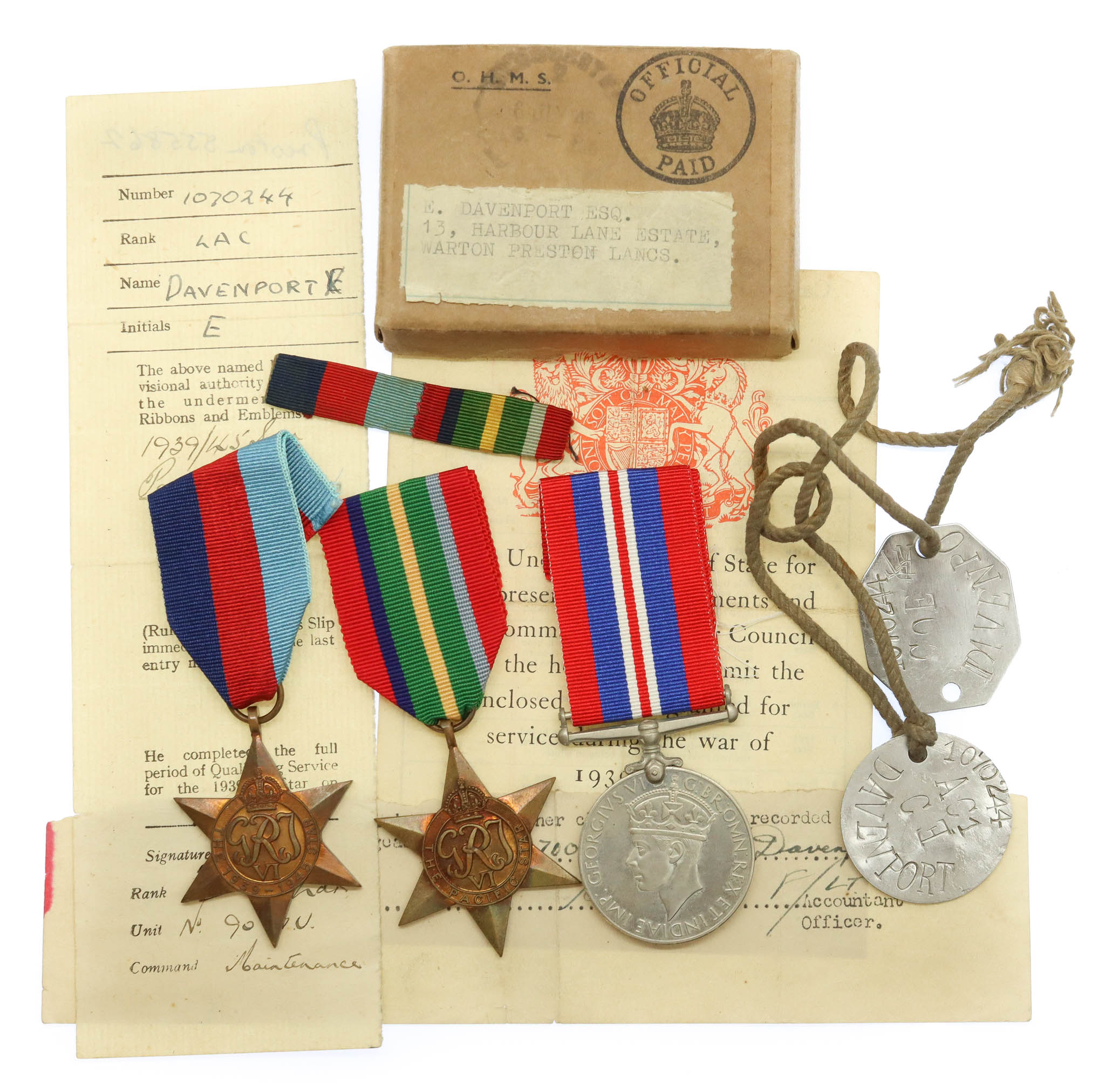 WW2 Pacific Star Medal Group of Three with Dog Tags, Box of Issue & Slips - LAC E. Davenport, Royal Air Force