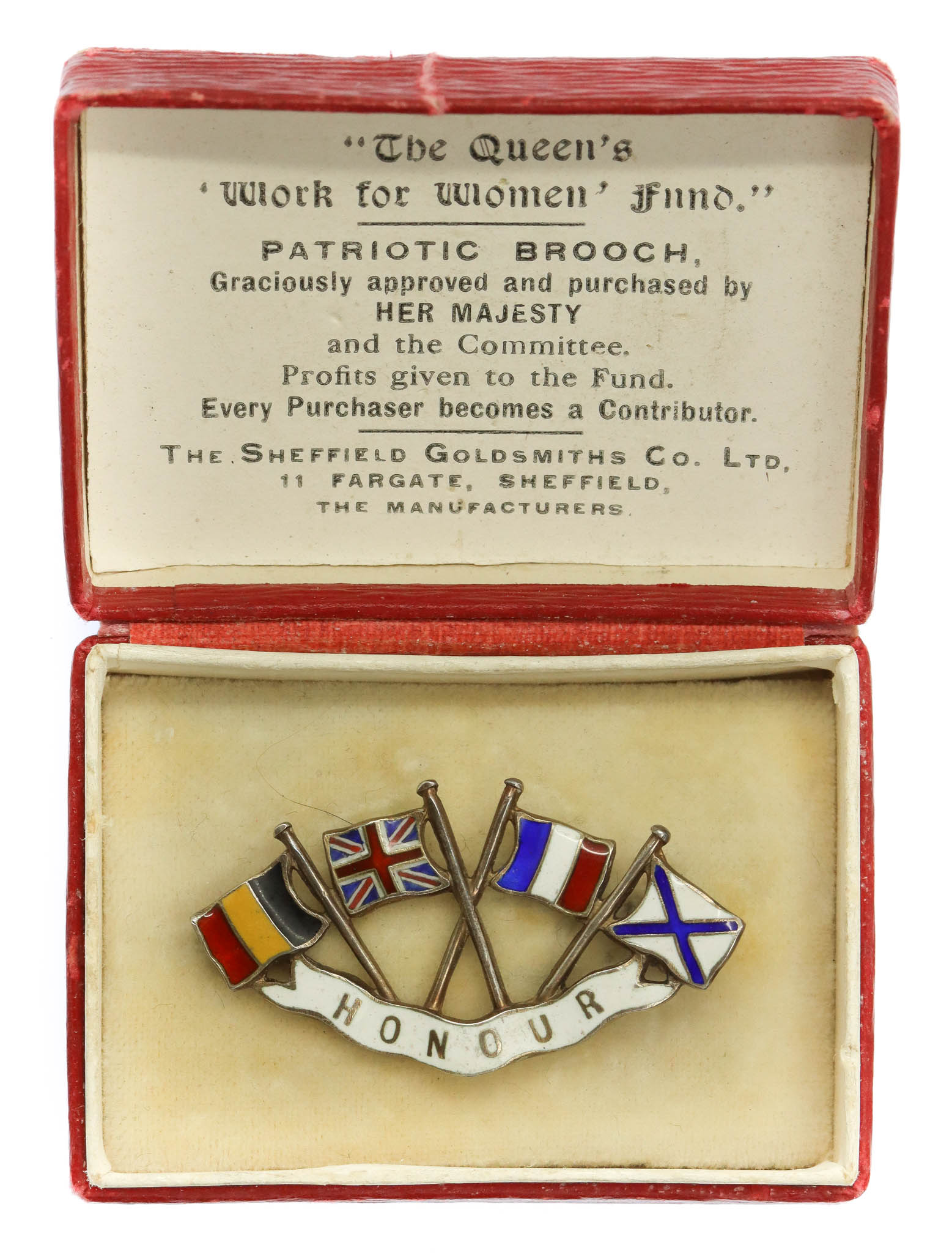 WWI The Queen's 'Work for Women' Fund 1914 Hallmarked Silver Belgium, Britain, France & Russia Patriotic Flag Sweetheart Brooch