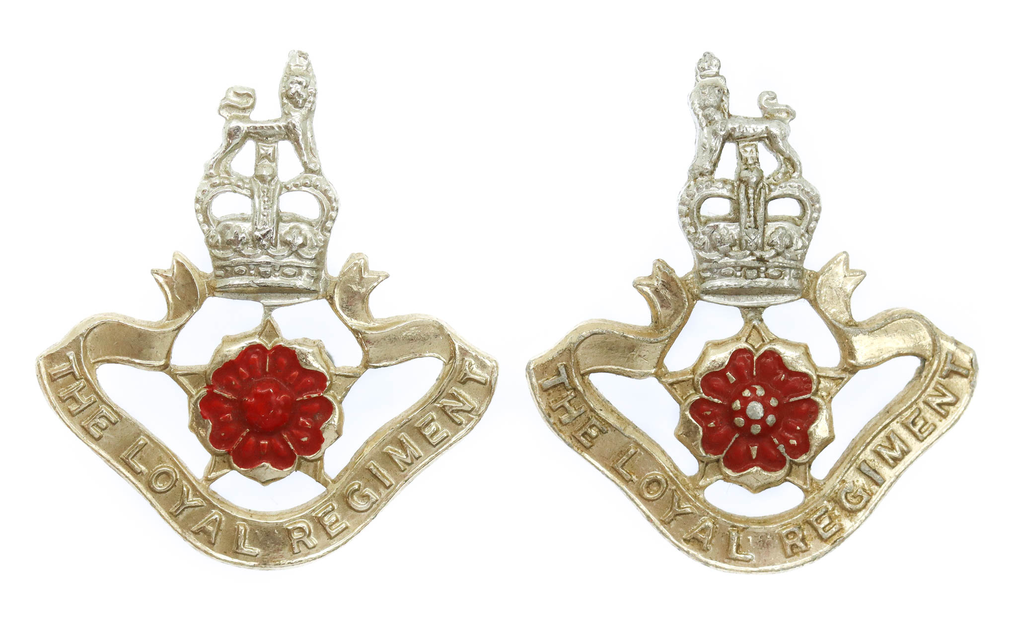 Pair of Loyal Regiment Anodised (Staybrite) Collar Badges
