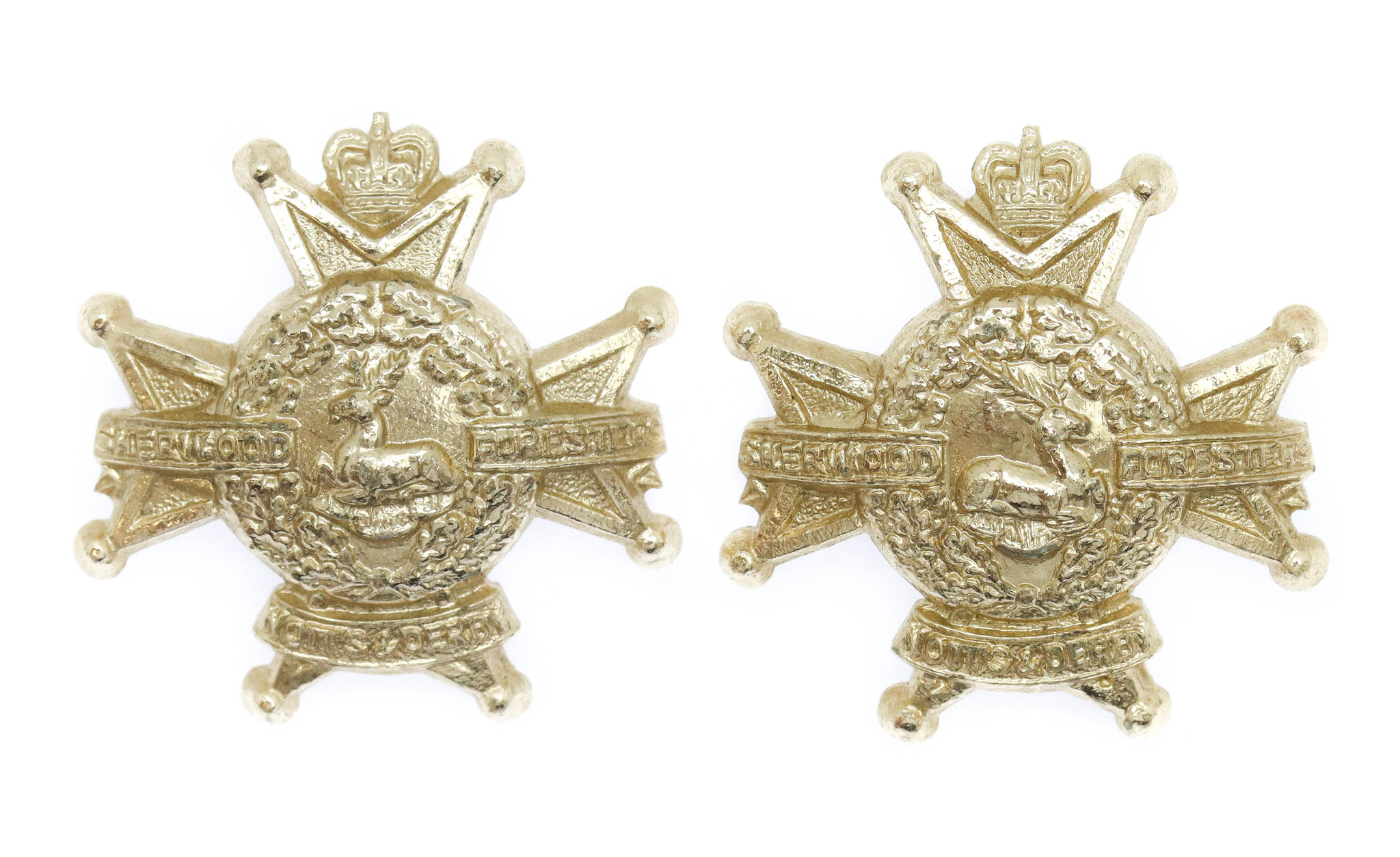Pair of Sherwood Foresters (Notts & Derby Regiment) Anodised (Staybrite) Collar Badges