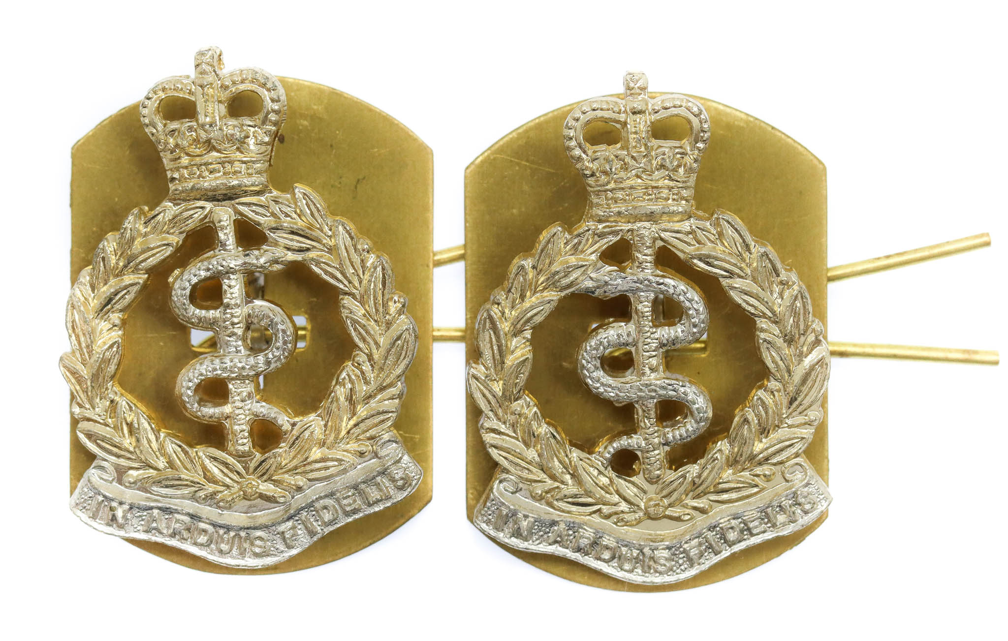 Pair of Royal Army Medical Corps (R.A.M.C.) Anodised (Staybrite) Collar Badges