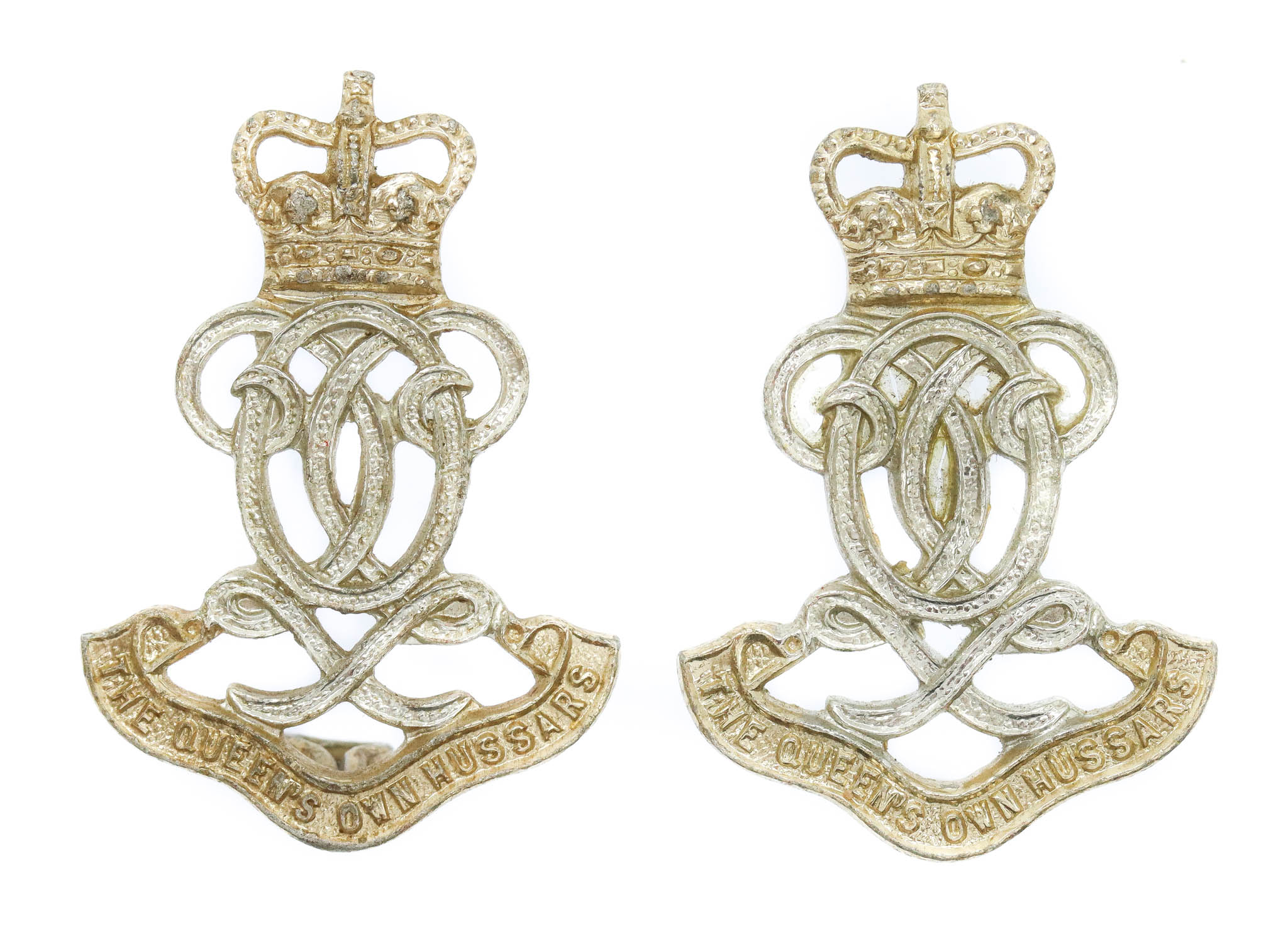 Pair of Queen's Own Hussars Anodised (Staybrite) Collar Badges