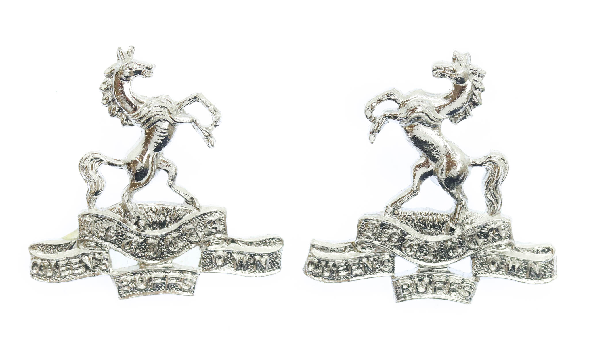Pair of Queen's Own Buffs, Royal Kent Regiment Anodised (Staybrite) Collar Badges