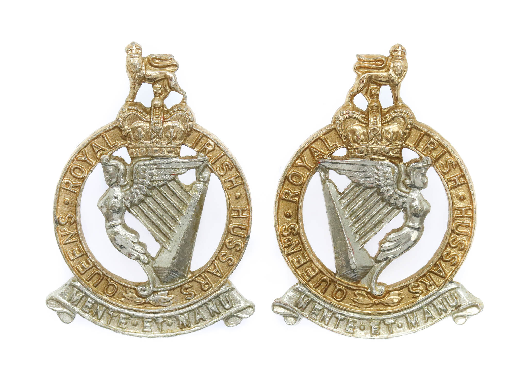 Pair of Queen's Royal Irish Hussars Anodised (Staybrite) Collar Badges