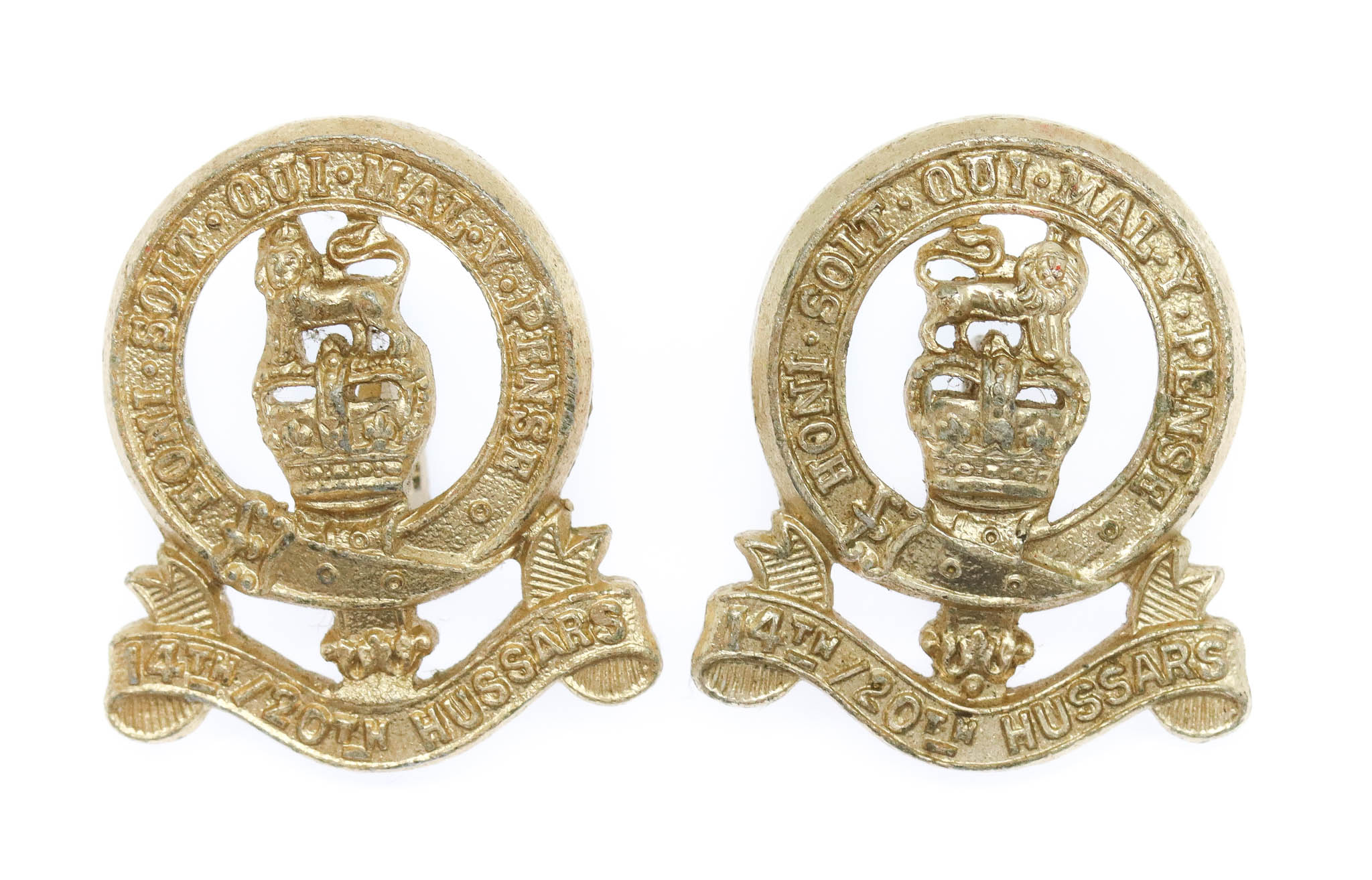 Pair of 14th/20th Hussars Anodised (Staybrite) Collar Badges