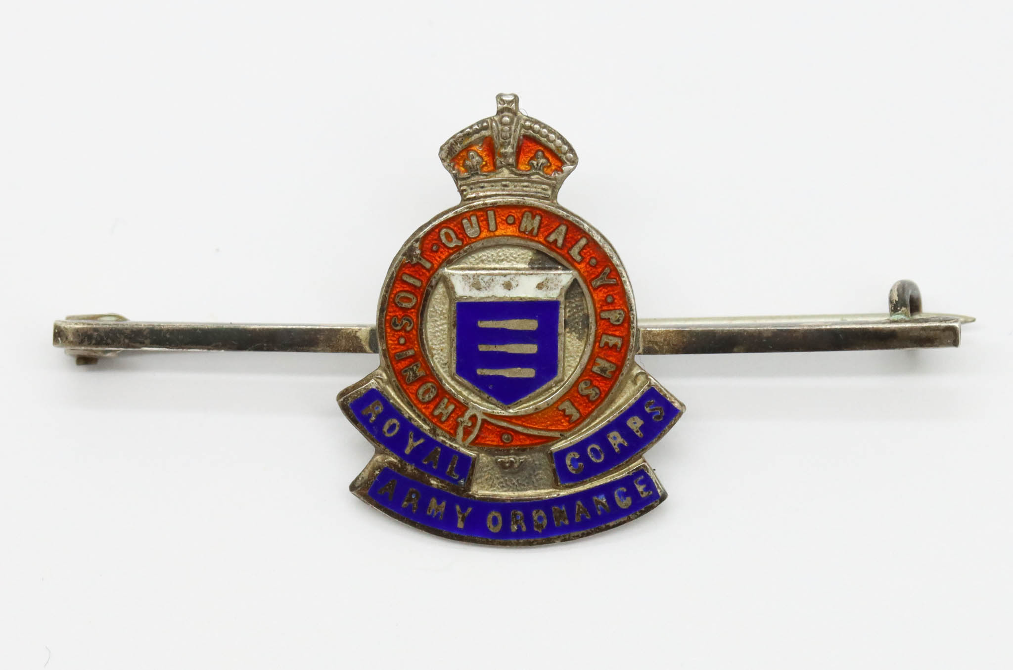 Royal Army Ordnance Corps (R.A.O.C.) Silver & Enamel Sweetheart Brooch - King's Crown