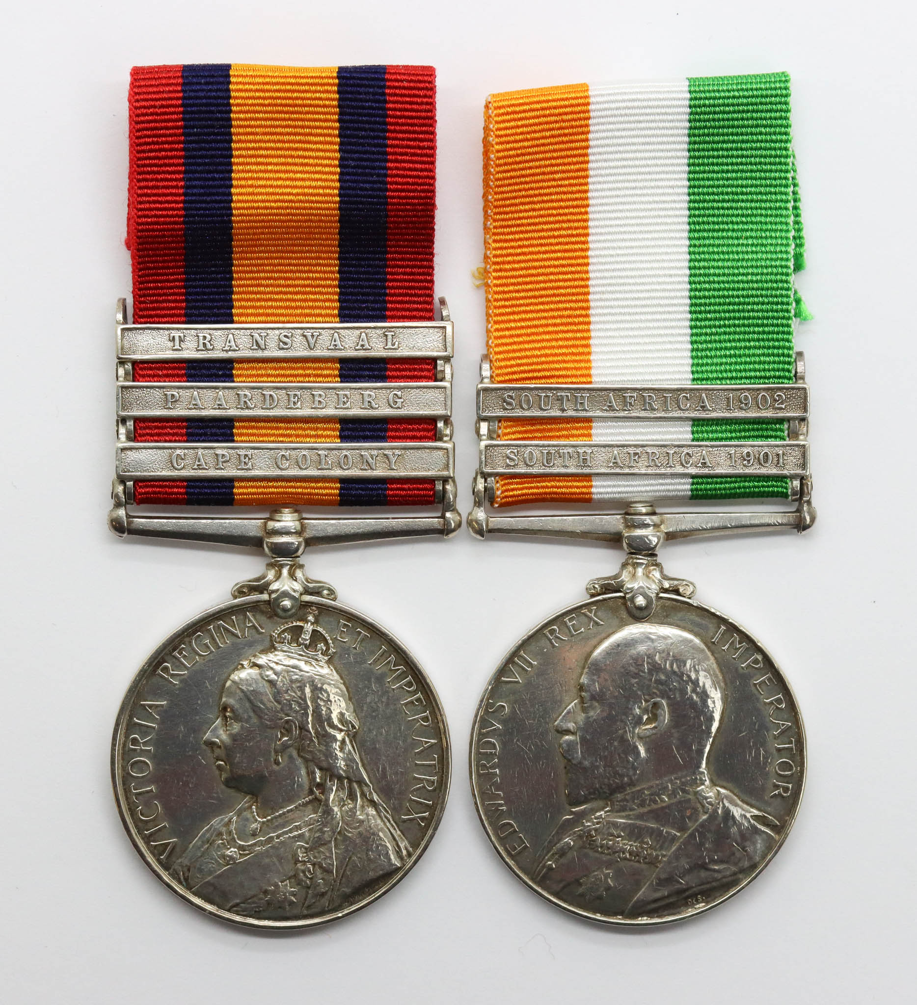 Queen's South Africa (Clasps - Cape Colony, Paardeberg, Transvaal) and King's South Africa (Clasps - South Africa 1901, South Africa 1902) Medal Pair - Pte. J.W. Hill, 2nd Bn. Lincolnshire Regiment