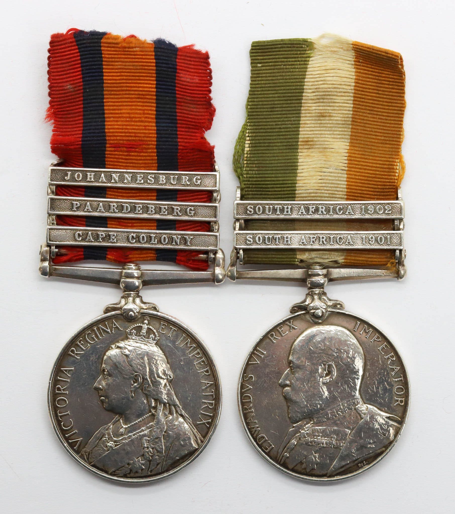 Queen's South Africa Medal (Clasps - Cape Colony, Paardeberg, Johannesburg) and King's South Africa Medal (Clasps - South Africa 1901, South Africa 1902) - Pte. H.G. Clarke, 2nd Bn. Lincolnshire Regiment