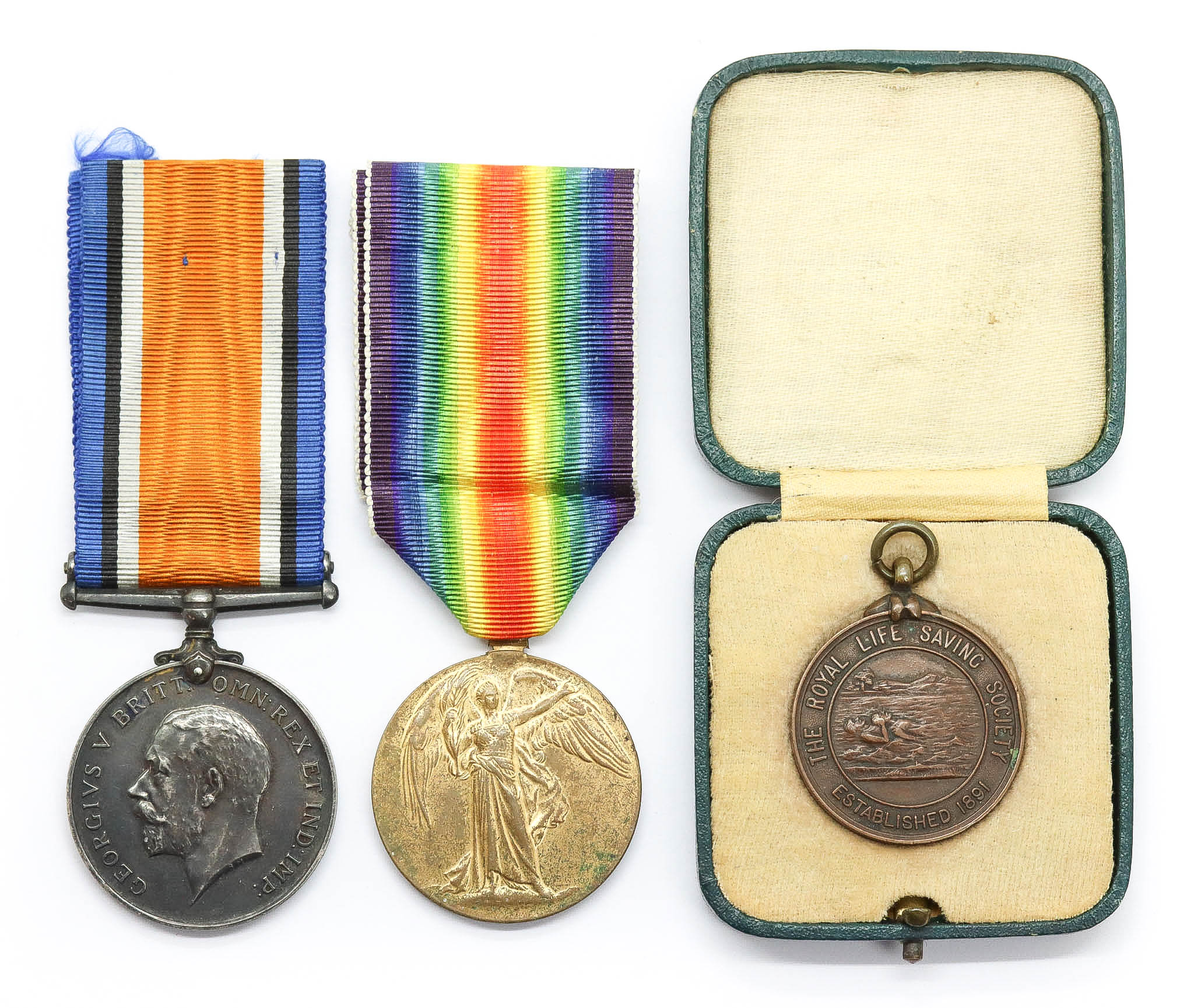 WW1 British War & Victory Medal Pair with Royal Life Saving Society Medal - Sjt. R. Russell, South Lancashire Regiment