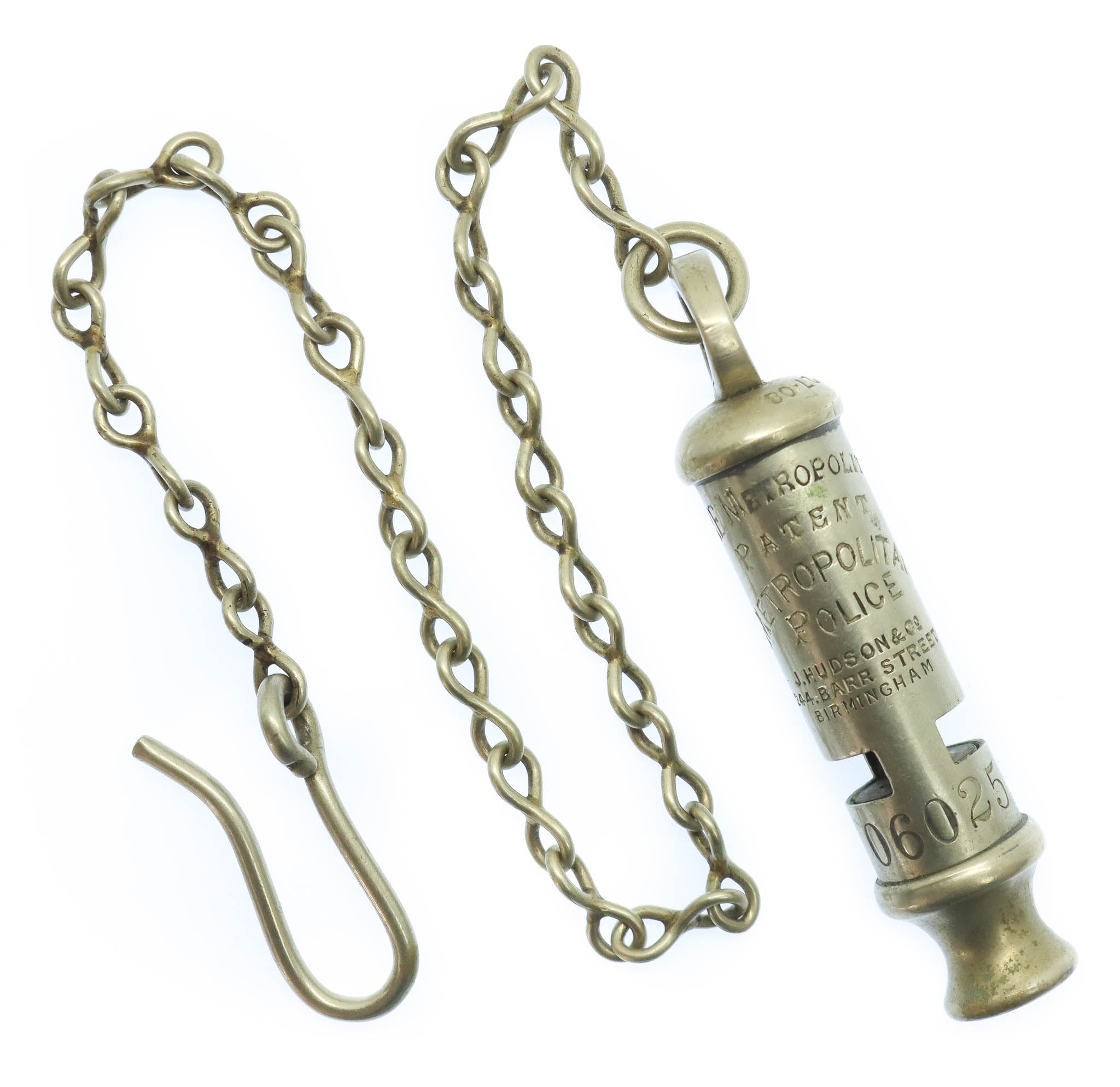 Metropolitan Police 'The Metropolitan' Patent Numbered Whistle & Chain - No. 06025