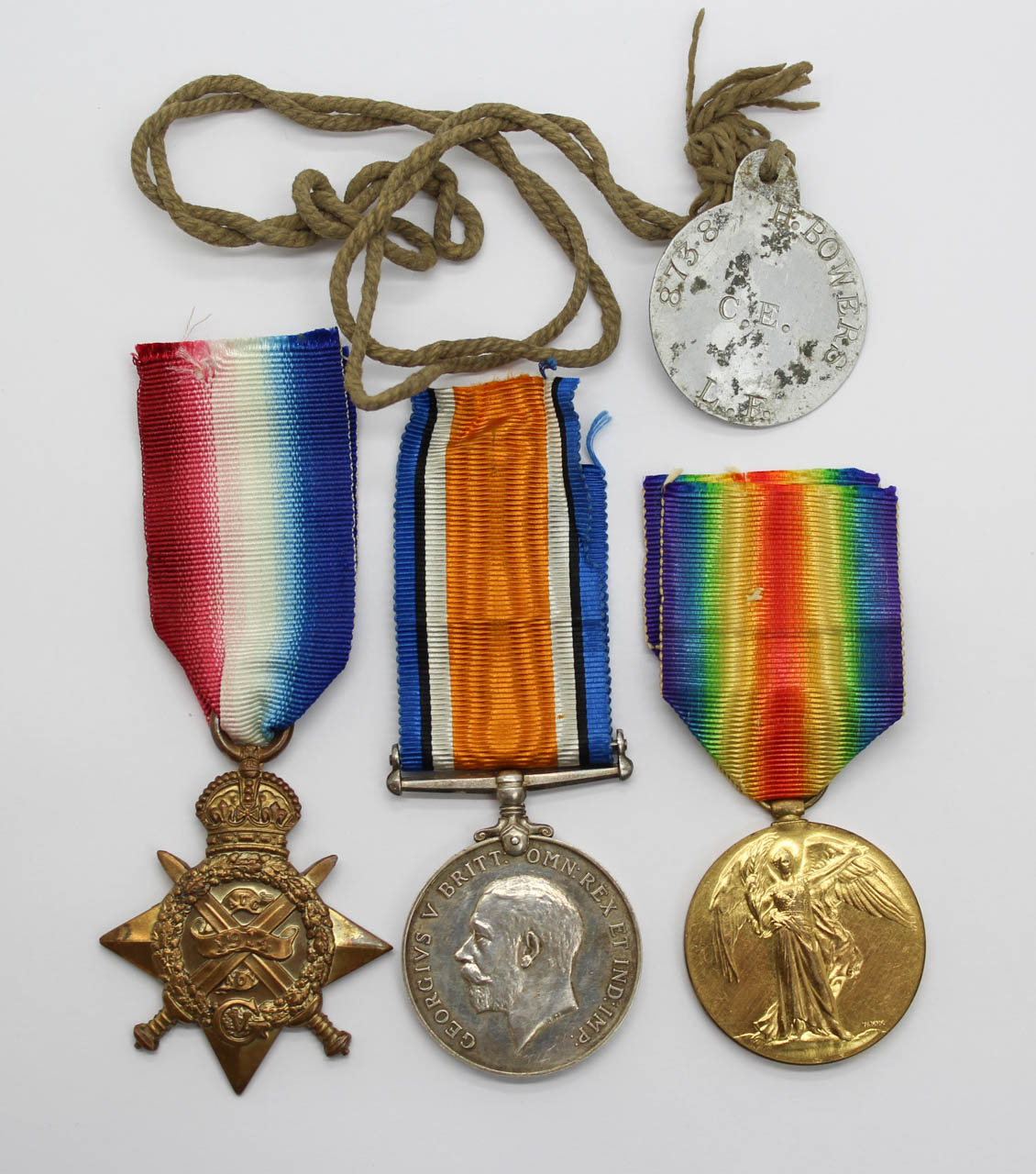 WW1 1914 Mons Star Medal Trio with Dog Tag - Pte. H. Bowers, Lancashire Fusiliers (Later R.F.C.)