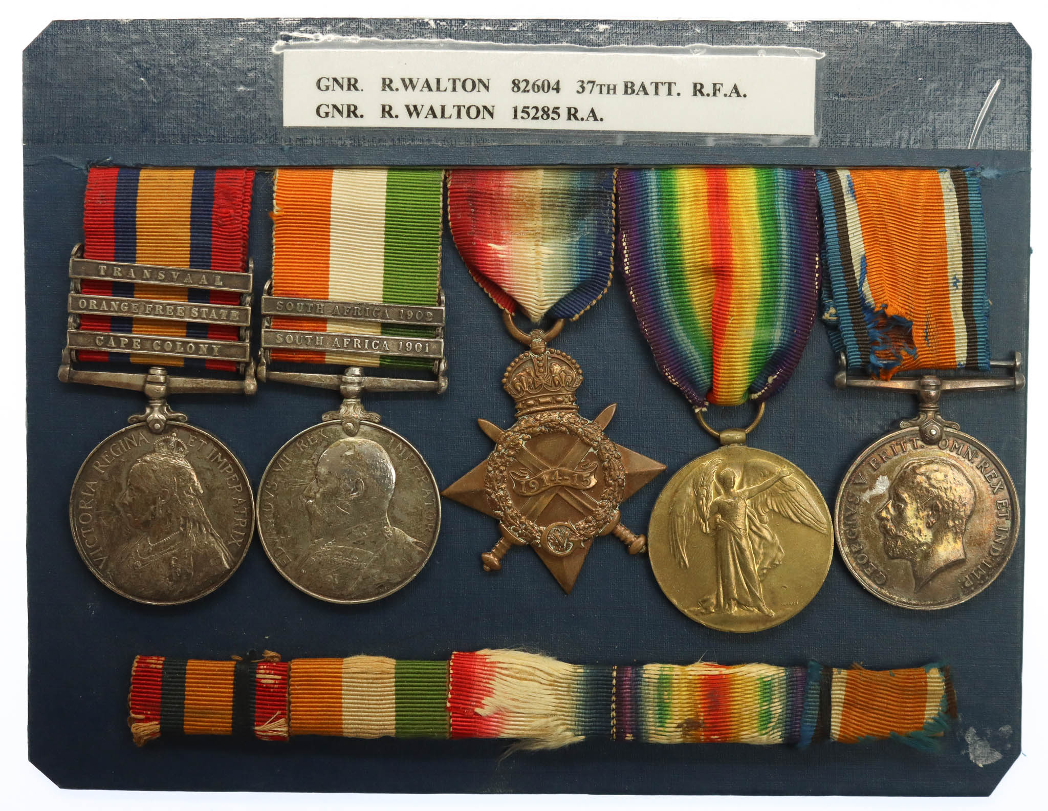 QSA (Clasps - Cape Colony, Orange Free State, Transvaal), KSA (Clasps - South Africa 1901, South Africa 1902), 1914-15 Star, British War & Victory Medal Group of Five - Gnr. R. Walton, Royal Artillery