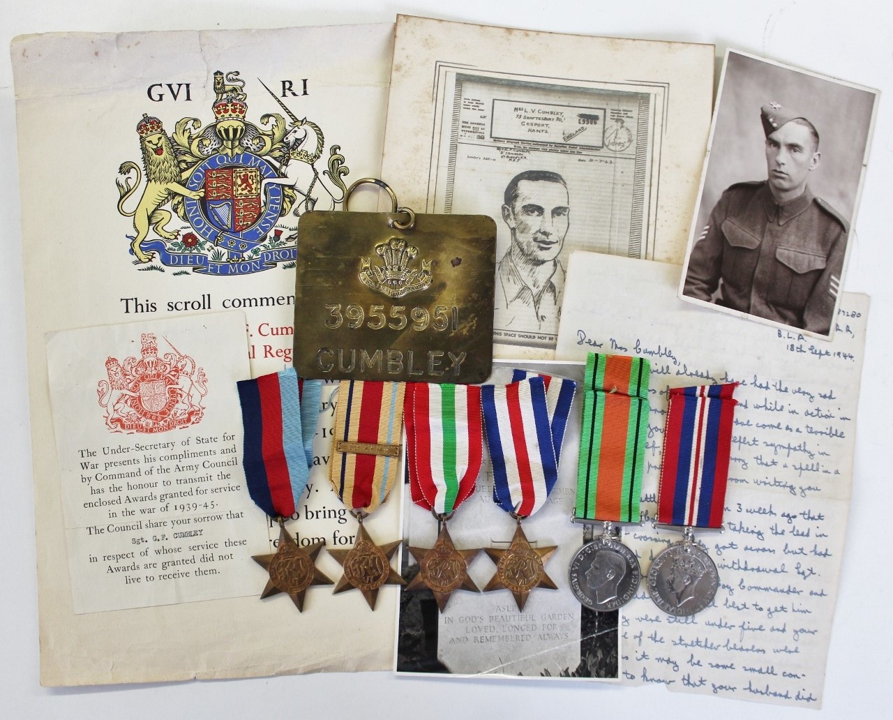 WW2 Casualty Medal Group of Six with Ephemera - Sjt. G.F. Cumbley, 1/7th Queen's (Royal West Surrey) Regiment - K.I.A.