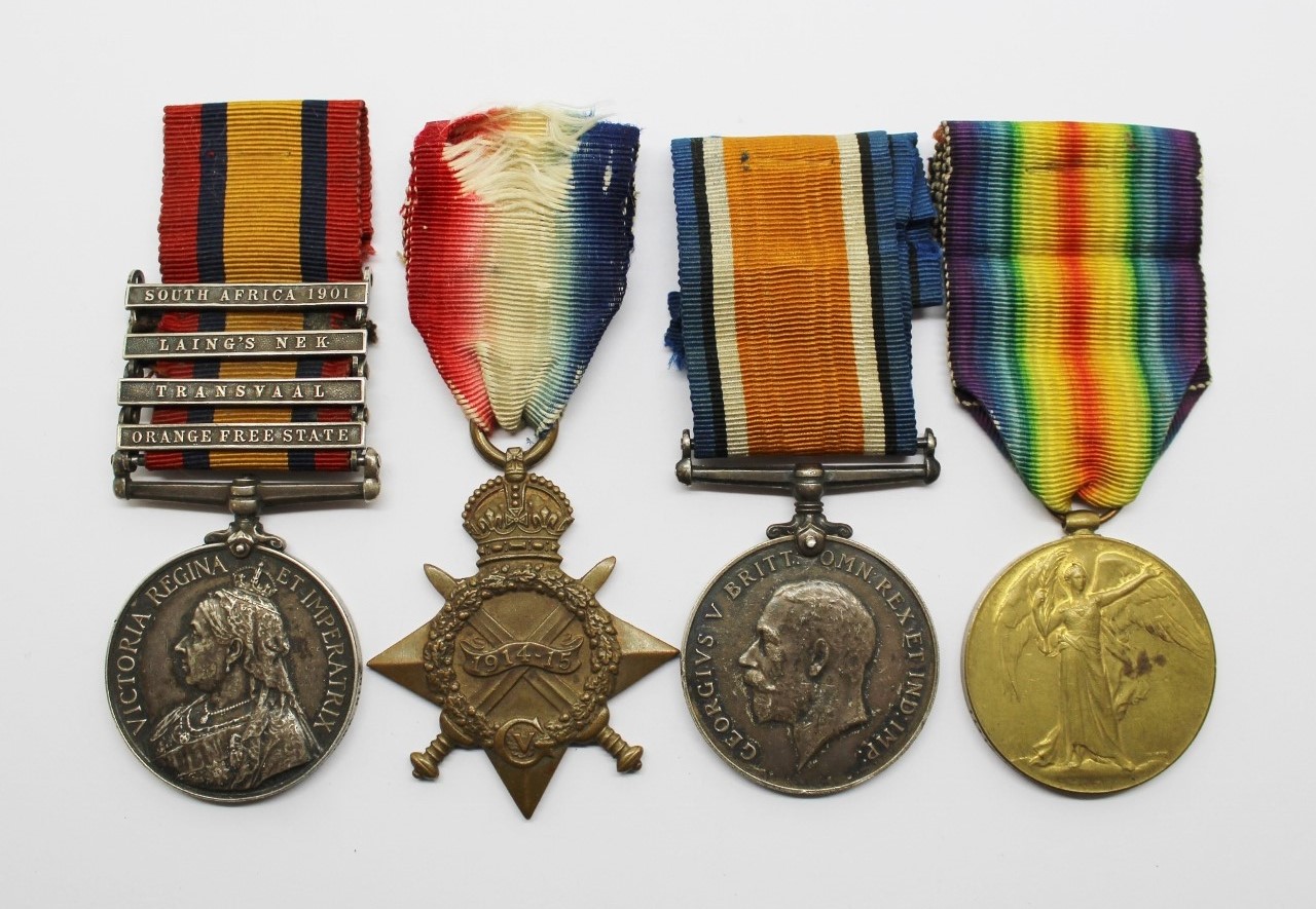 QSA (Clasps - Orange Free State, Transvaal, Laing's Nek, South Africa 1901) and WW1 1914-15 Star Medal Trio - Sjt. F. Swainton, Vol. Coy. West Yorkshire Regiment & West Riding Regiment