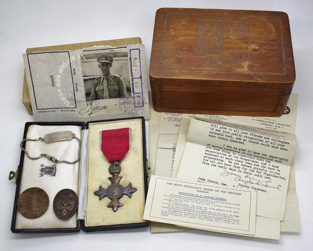 Rare and Interesting M.B.E. (Civil) with Documents  & Badges - John Trevor, British Red Cross, Civilian War Relief, Hungarian Wagon Train