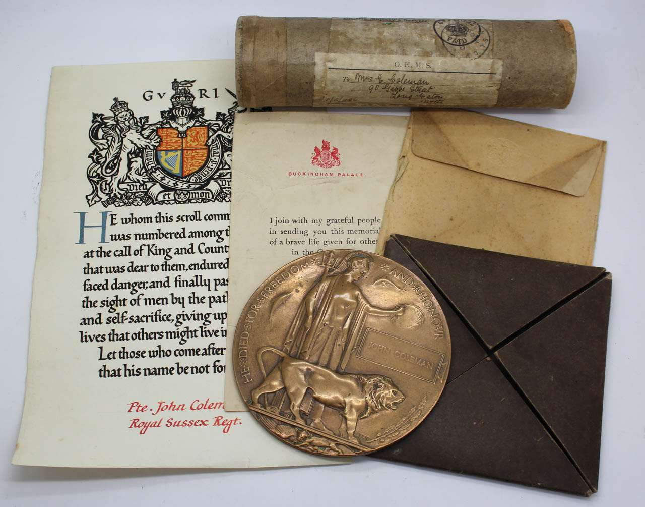 WW1 Memorial Plaque (Death Penny) and Scroll - Pte. J. Coleman, 9th Bn. Royal Sussex Regiment - K.I.A.