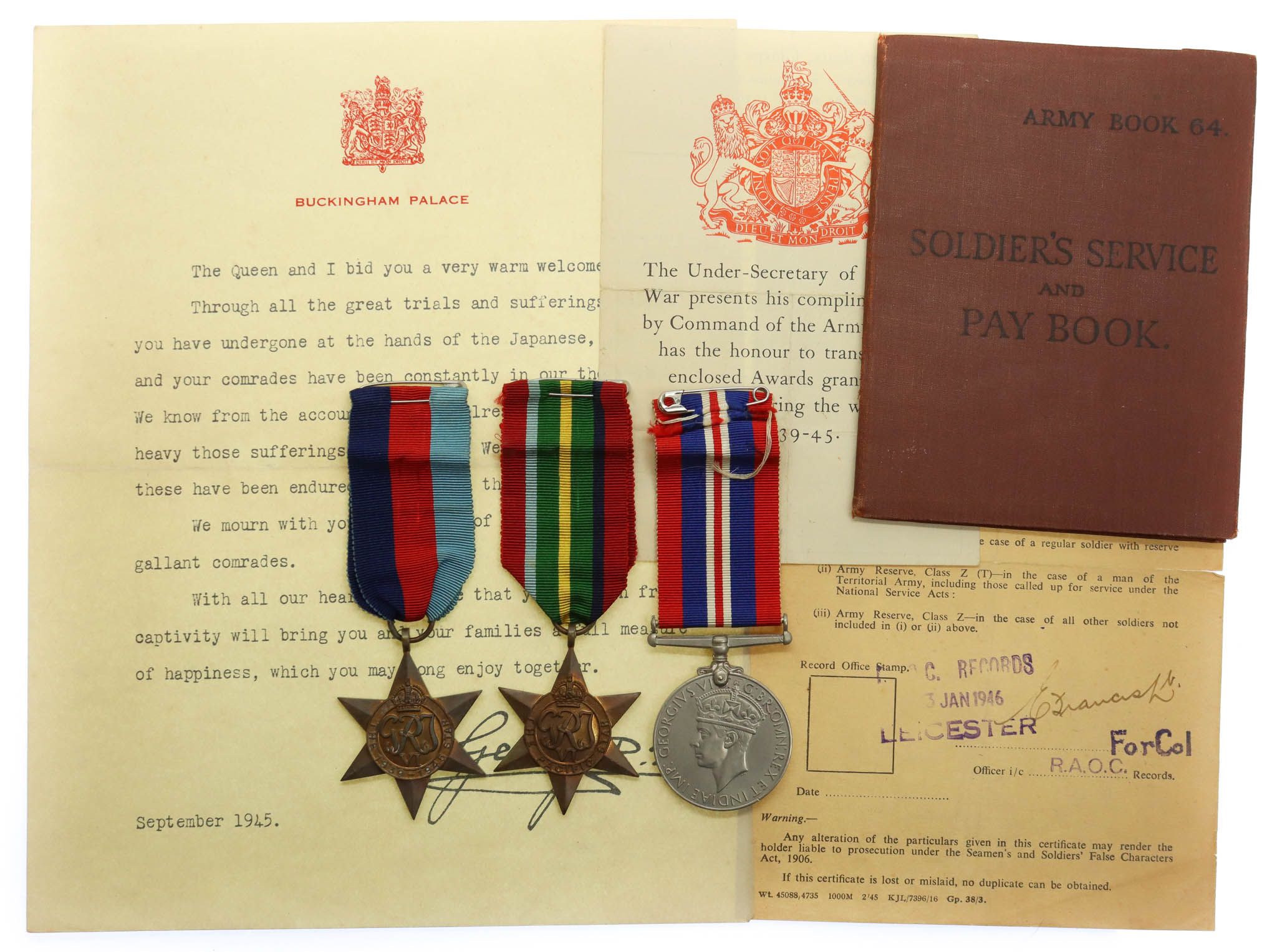 WW2 Japanese Prisoner of War Medal Group of Three - Cpl. F.W.G. Champion, Royal Army Ordnance Corps