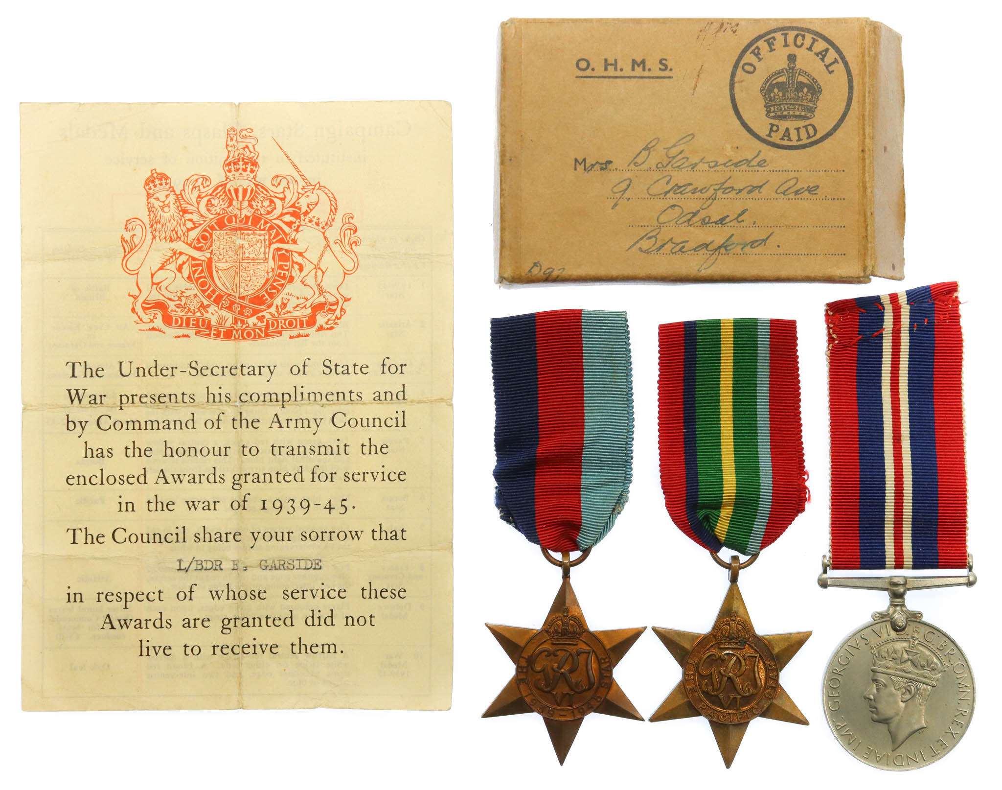 WW2 Casualty Medal Group of Three - L/Bdr. E. Garside, 85th Anti-Tank Regiment, Royal Artillery - K.I.A. (Malaya)