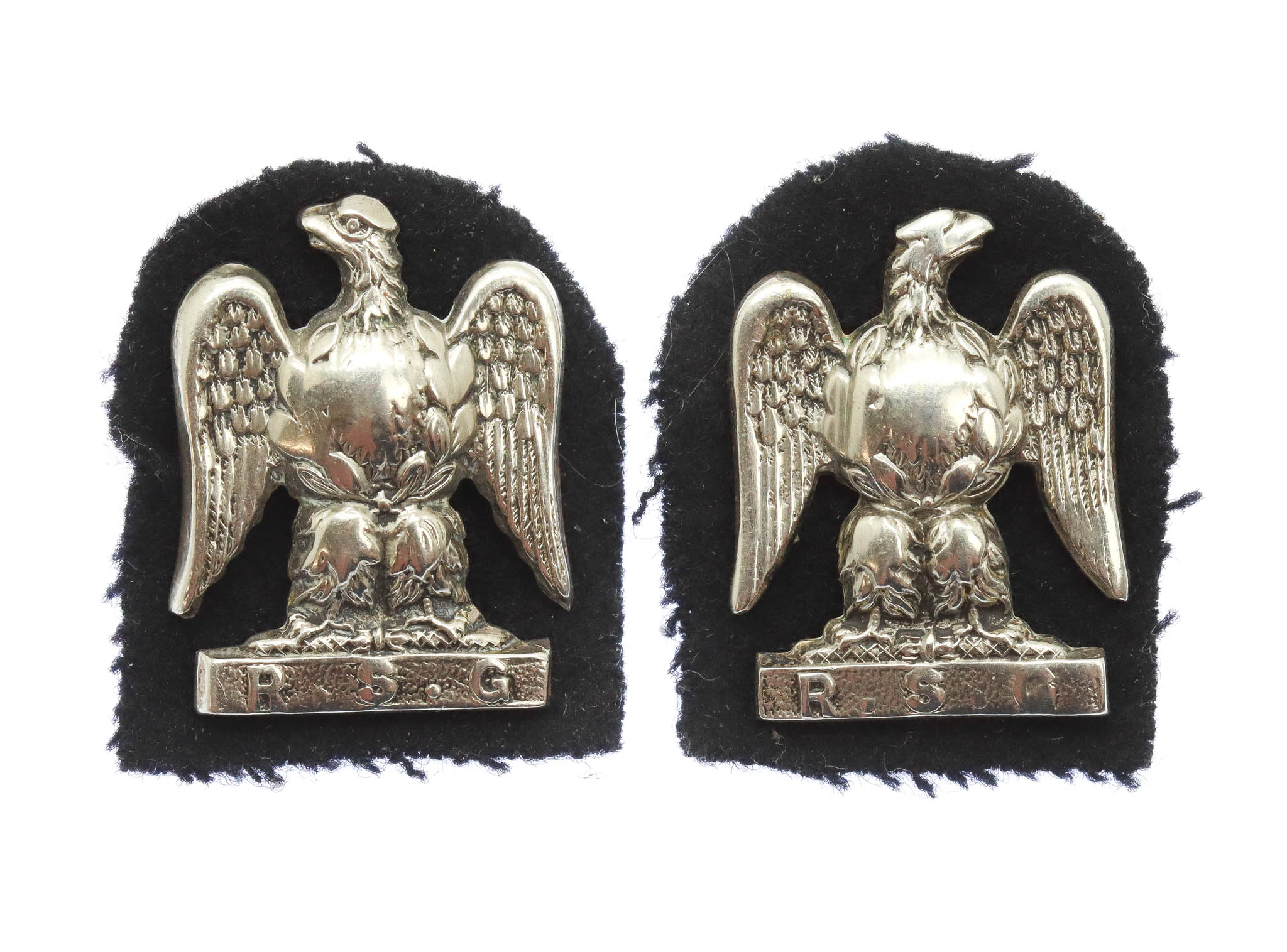 Pair of Royal Scots Greys Officer's Silvered Collar Badges 