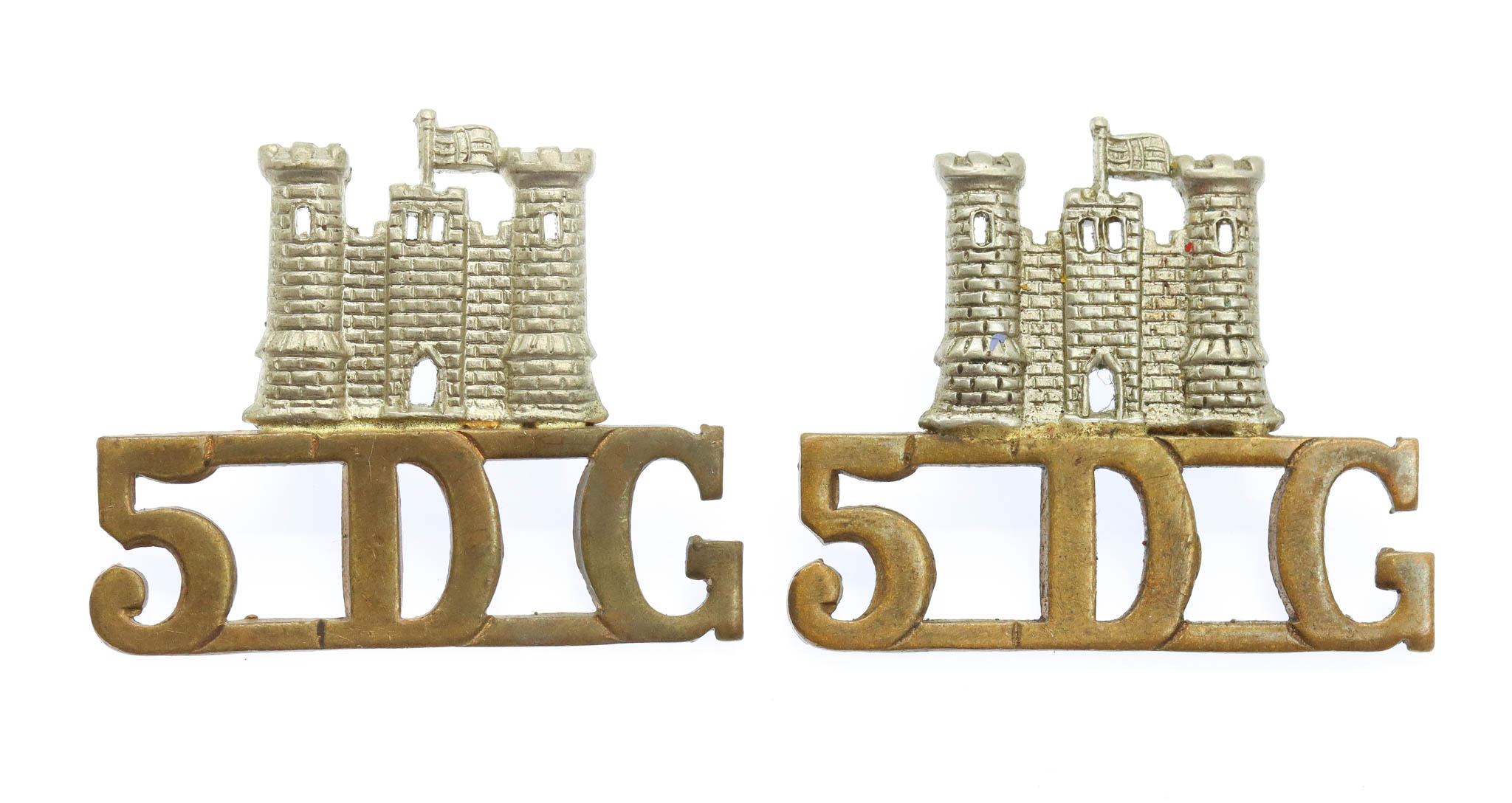 Pair of 5th Dragoon Guards (Castle/5.D.G.) Shoulder Titles