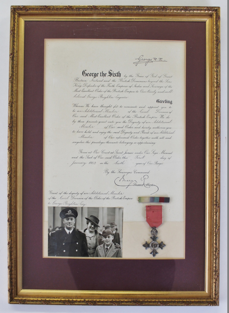 Member of the Most Excellent Order of the British Empire (MBE) (Civil Division) with Certificate - George Brighton, Merchant Navy