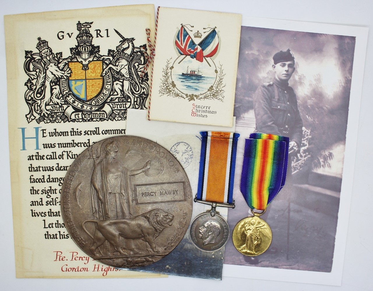 WW1 British War & Victory Medal, Memorial Plaque & Scroll - Pte. P.W.S. Mawby, 1st Bn. Gordon Highlanders - Died of Wounds