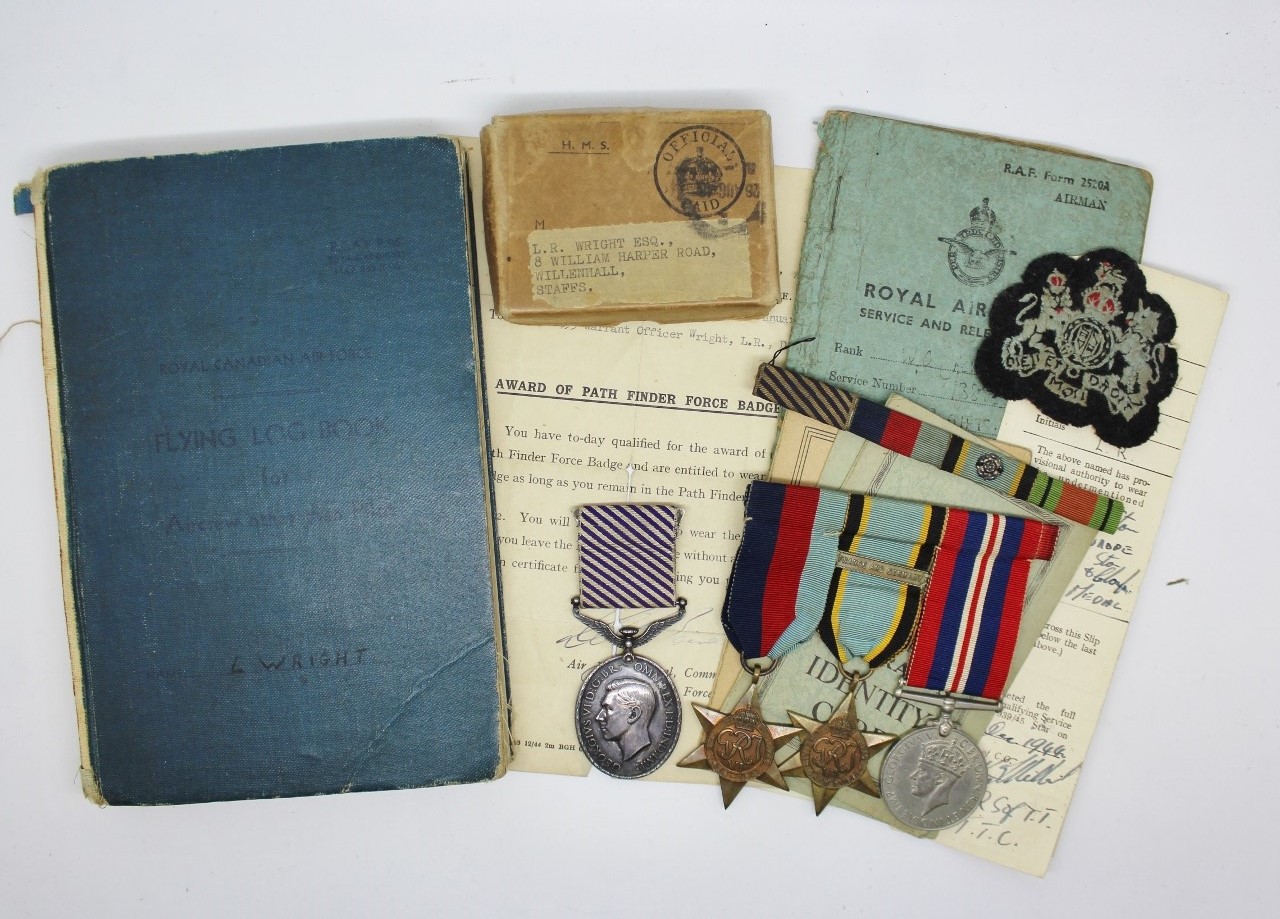 WW2 Distinguished Flying Medal (Immediate Award) Group with Log Book & Documents – Sgt. (Air Gunner) L.R. Wright, No.156 (Pathfinder) Sqdn. Royal Air Force Volunteer Reserve