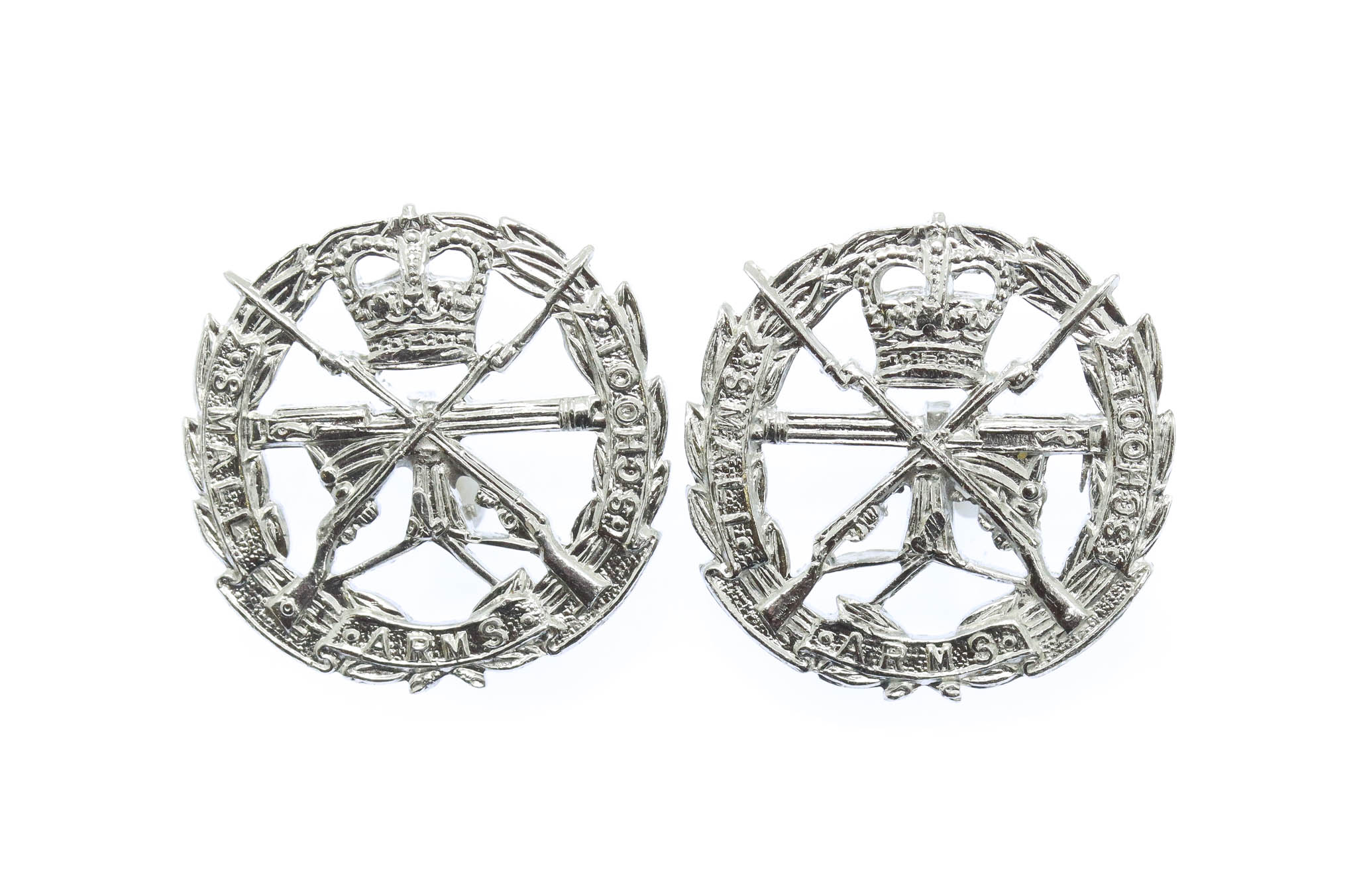 Pair of Small Arms School Corps Anodised (Staybrite) Collar Badges
