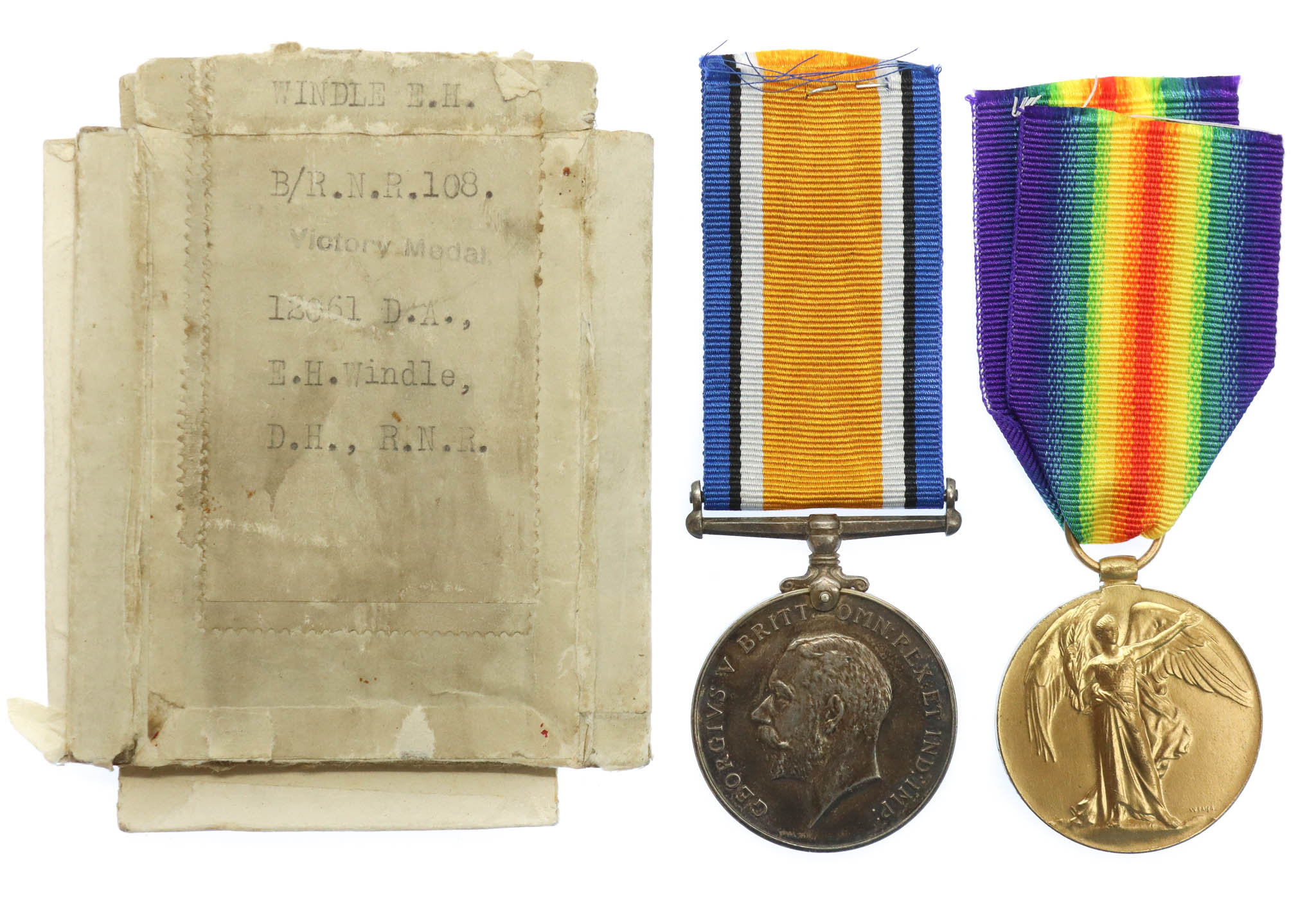 WW1 British War & Victory Medal Pair with Box of Issue - E.H. Windle, D.H., Royal Naval Reserve