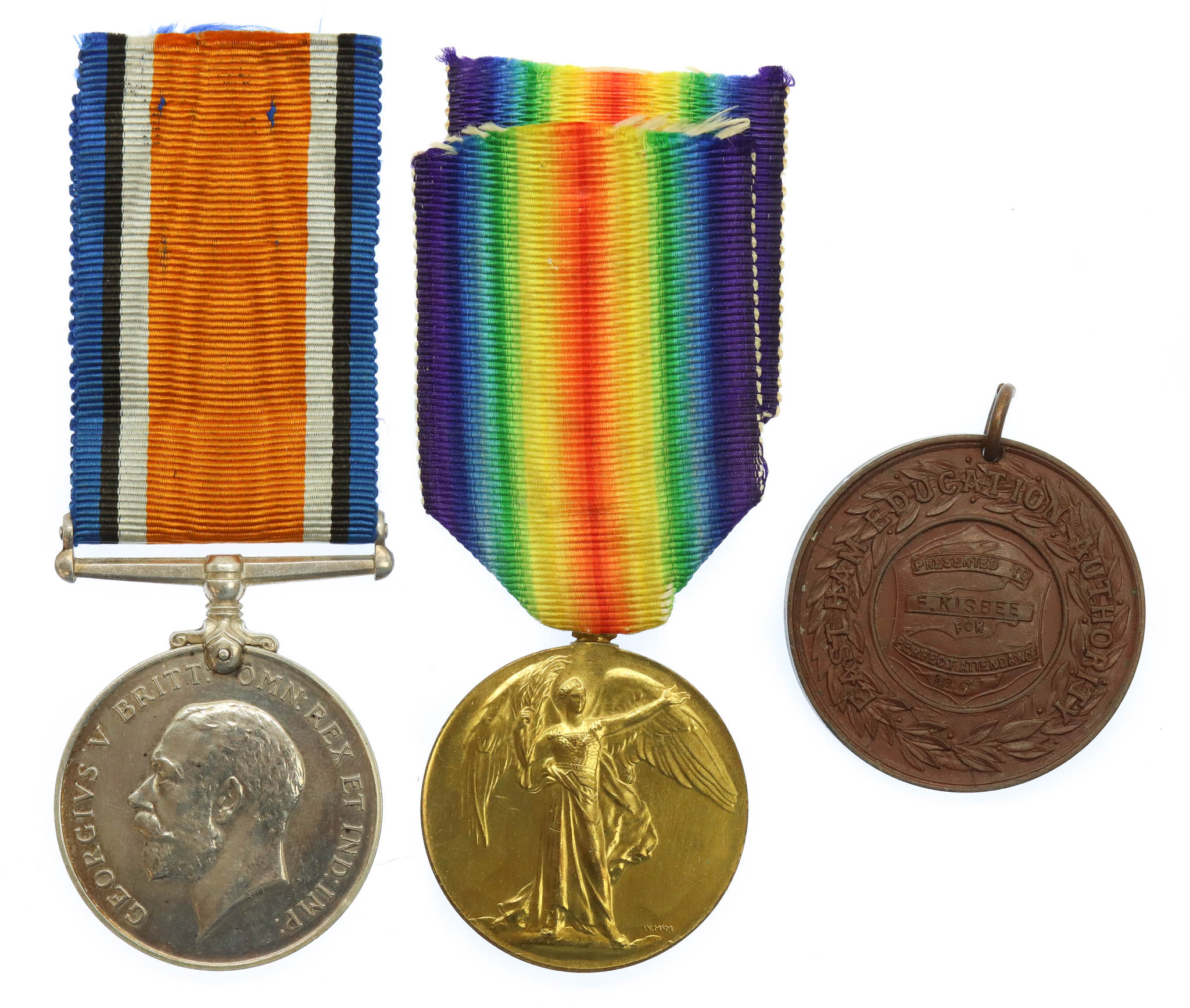 WW1 British War & Victory Medal Pair with East Ham Education Medallion - Cpl. F. Kisbee, Royal Air Force