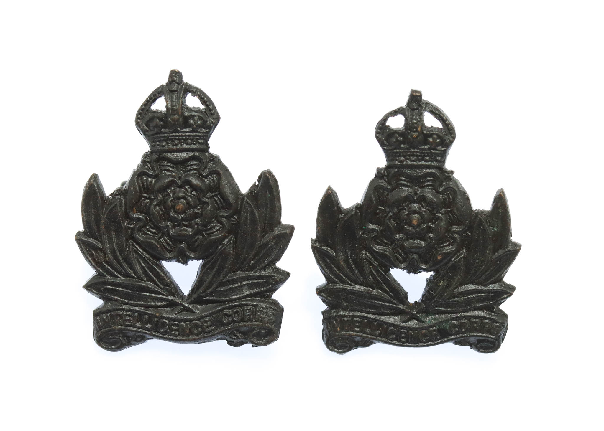 Pair of Intelligence Corps Officer's Service Dress Collar Badges - King's Crown 