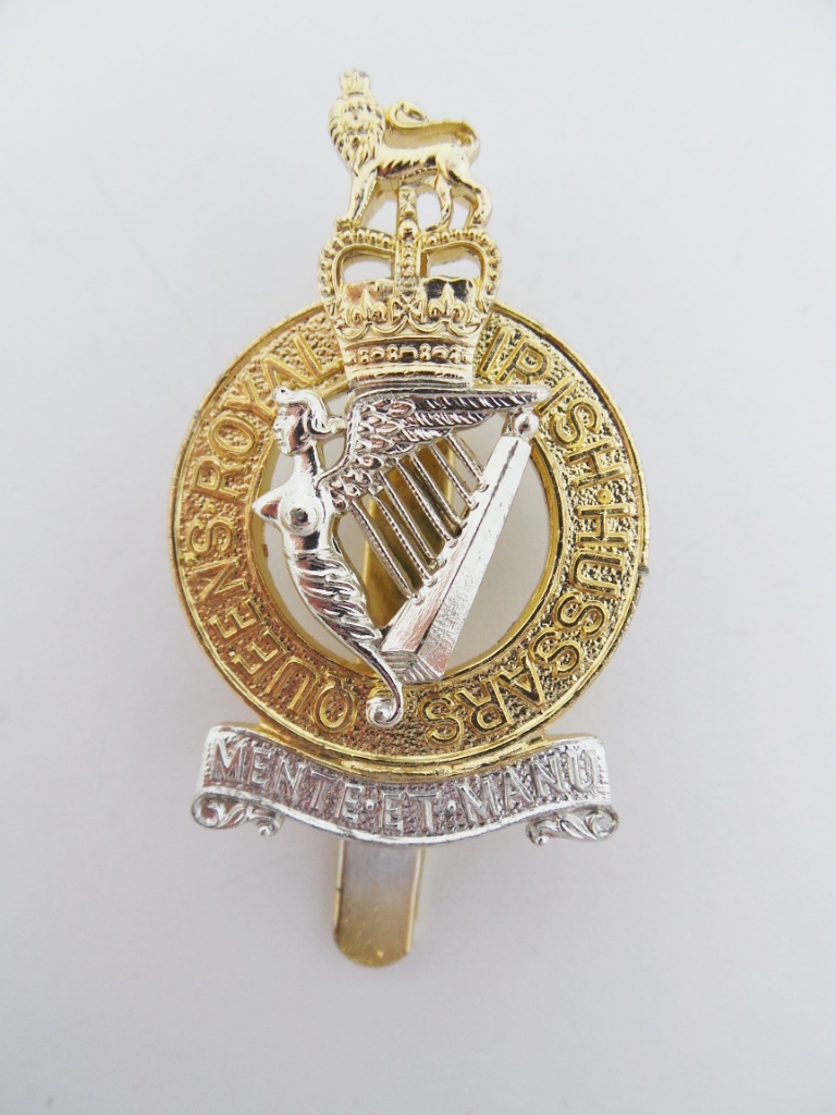 Queen's Royal Irish Hussars Anodised (Staybrite) Cap Badge - Queen's Crown