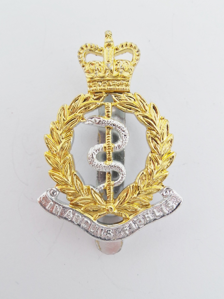 Royal Army Medical Corps (R.A.M.C.) Anodised (Staybrite) Cap Badge - Queen's Crown