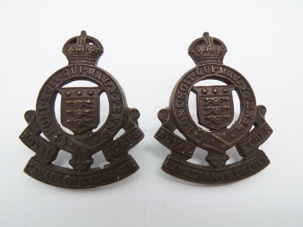 Pair of Royal Canadian Army Ordnance Corps Officer's Service Dress Collar Badges - King's Crown