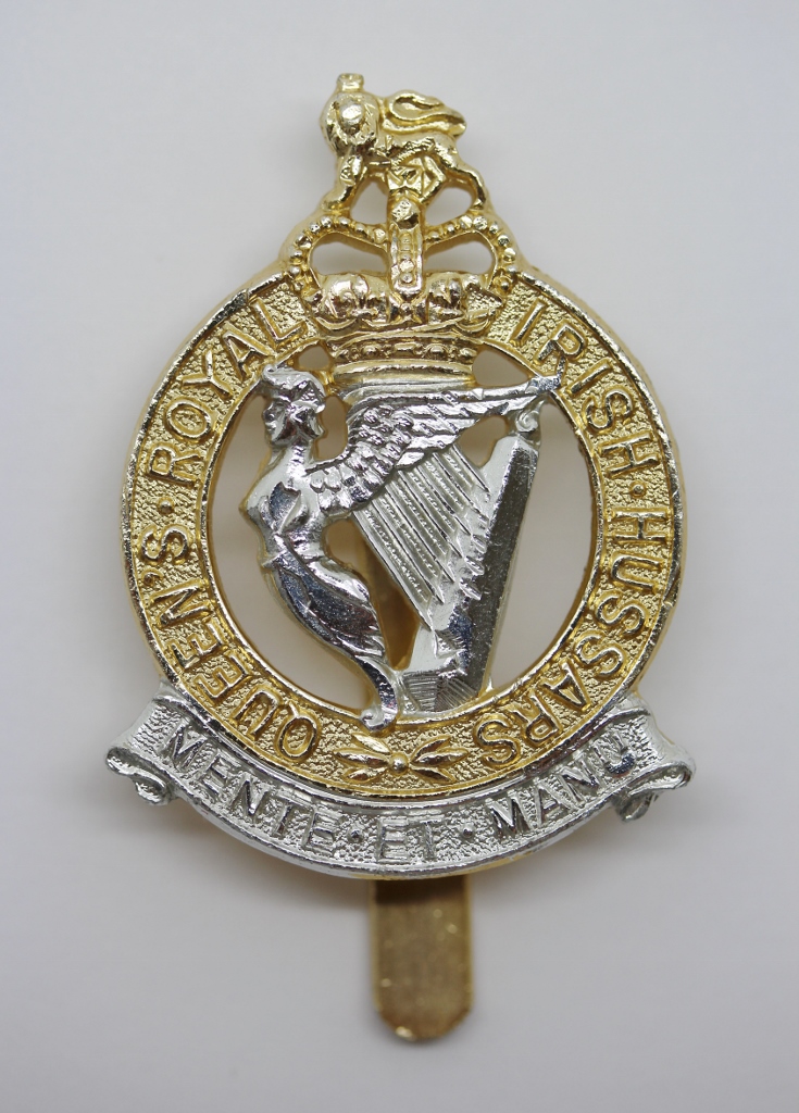 Queen's Royal Irish Hussars Anodised (Staybrite) Cap Badge - Queen's Crown