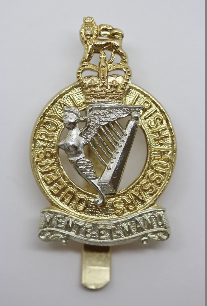 Queen's Royal Irish Hussars Anodised (Staybrite) Cap Badge - Queen's Crown