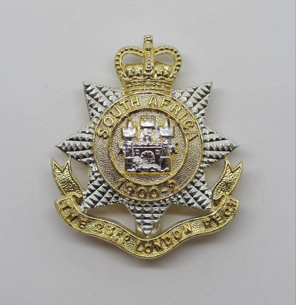 23rd Bn. London Regiment Anodised (Staybrite) Cap Badge - Queen's Crown