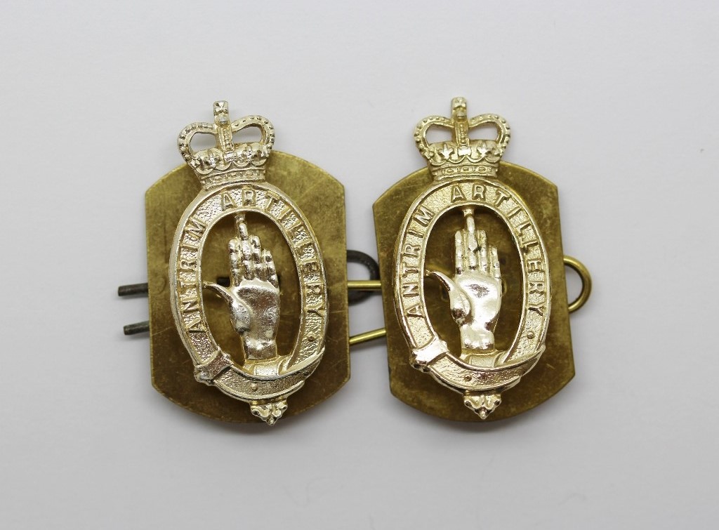 Pair of Antrim Artillery Anodised (Staybrite) Collar Badges