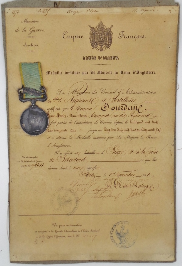 Unnamed Crimea Medal (Clasp - Sebastopol) with Original Certificate - Louis Marill, 3rd Regiment d'Artillerie