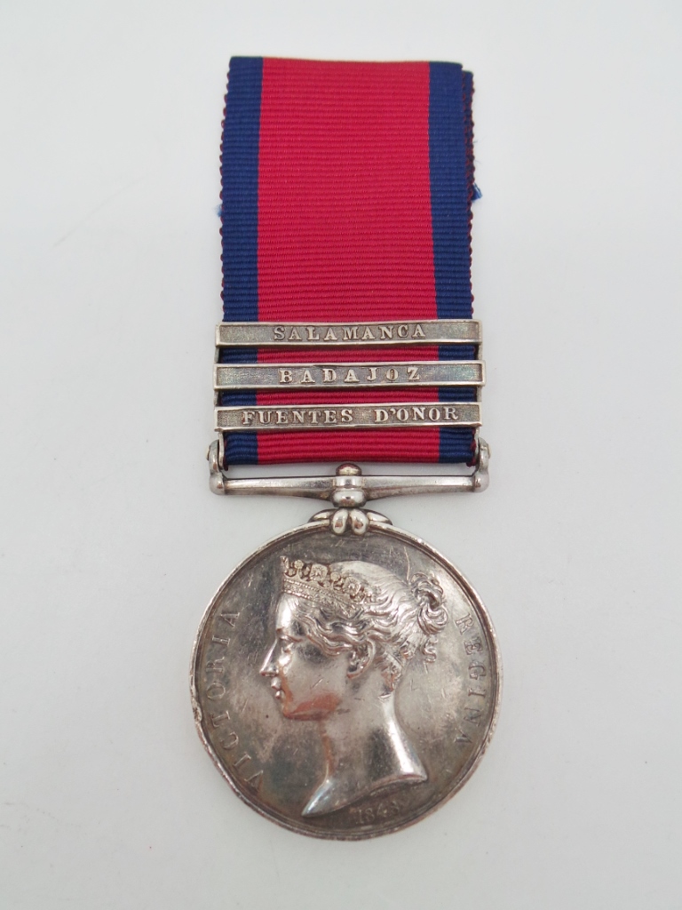 Military General Service Medal (Clasps - Fuentes d'Onor, Badajoz, Salamanca) - Hugh Conroy, 44th Foot - Wounded at Waterloo