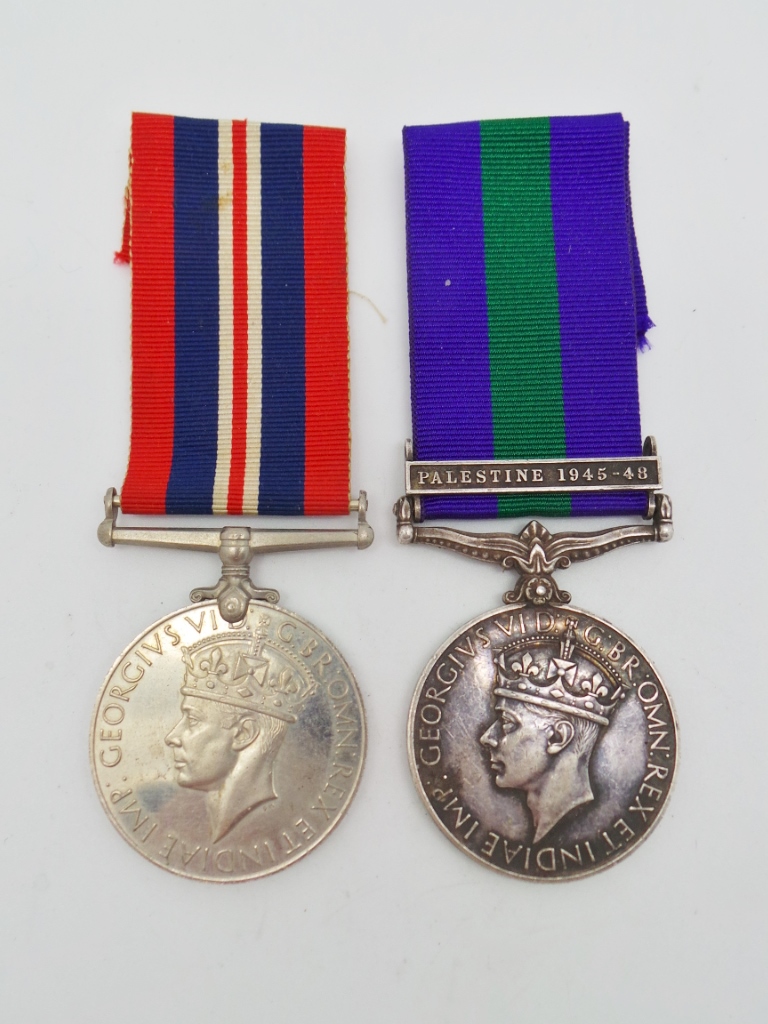 1939-45 War Medal and General Service Medal (Clasp - Palestine 1945-48) - B. Const. C.W. Barker, Palestine Police