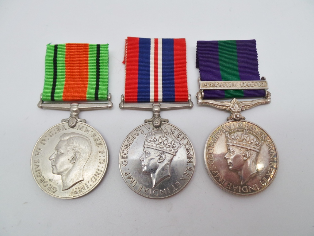 WW2 Defence Medal, 1939-45 War Medal and General Service Medal (Clasp - Palestine 1945-48) - B. Const. L.C.C. Jessup, Palestine Police