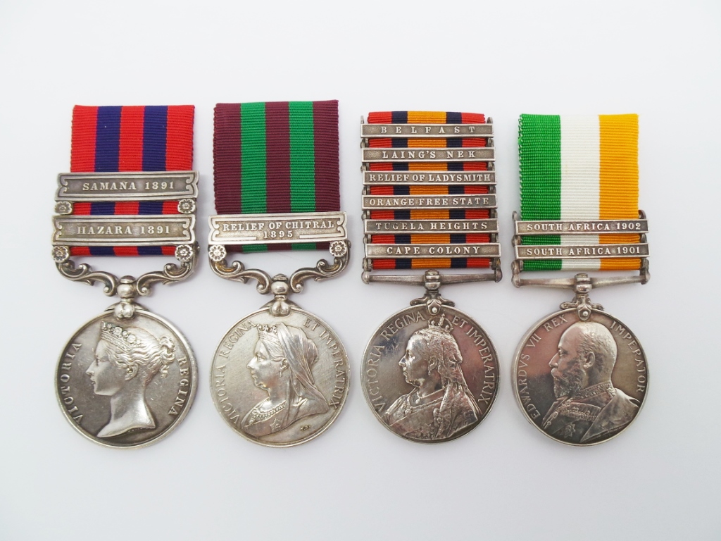 1854 IGS (Clasps - Hazara 1891, Samana 1891), 1895 IGS (Clasp - Relief of Chitral 1895), QSA (6 Clasps) & KSA (2 Clasps) Medal Group of Four - Pte / Bugler W. Gainer, King's Royal Rifle Corps