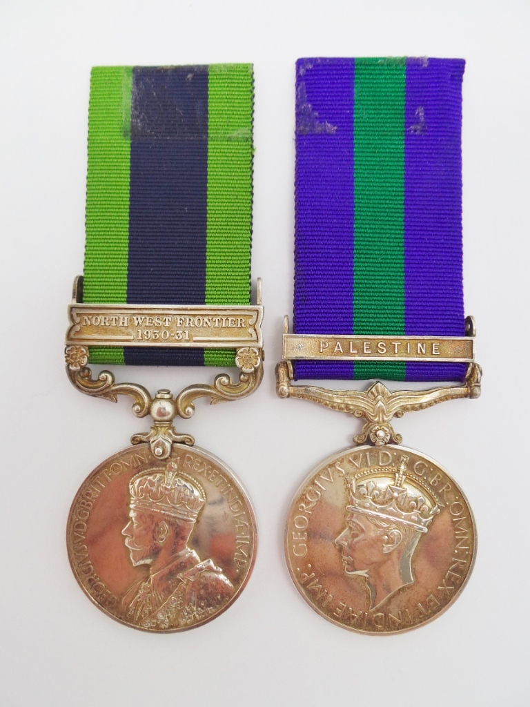 1908 India General Service Medal (Clasp - North West Frontier 1930-31) and General Service Medal (Clasp - Palestine) - Pte. J.A. Wallace. 2nd Bn. Essex Regiment 