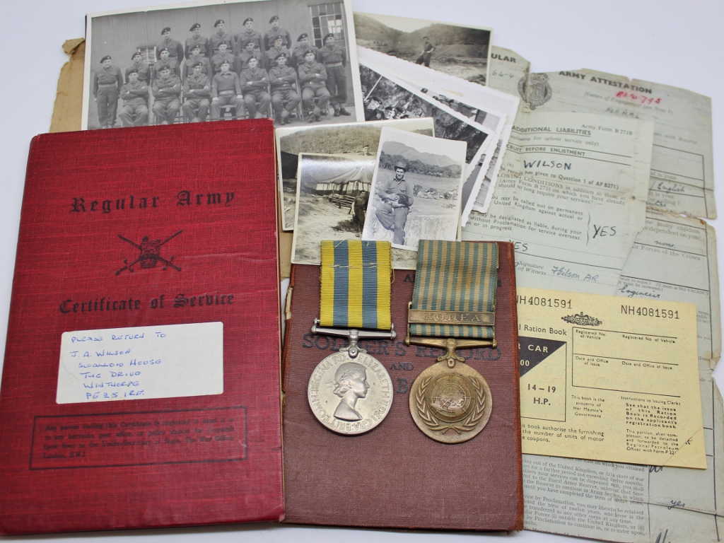 Queen's Korea Medal and UN Korea Medal Pair with Service Book, Pay Book and Photos - Spr. J.A. Wilson, Royal Engineers