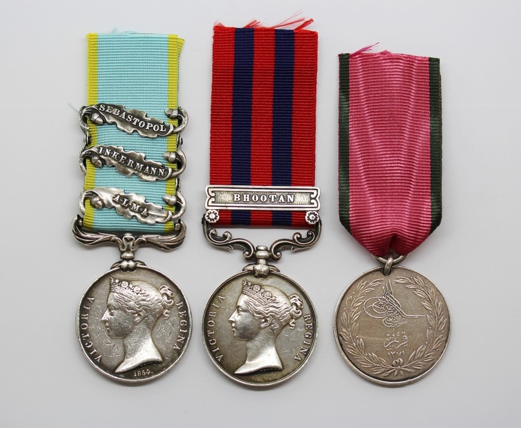 1854 Crimea Medal (Clasps - Alma, Inkermann, Sebastopol), India General Service Medal (Clasp - Bhootan) & Turkish Crimea Medal Group of Three - Corpl. P. Finn, 55th Regiment of Foot (Westmorland)