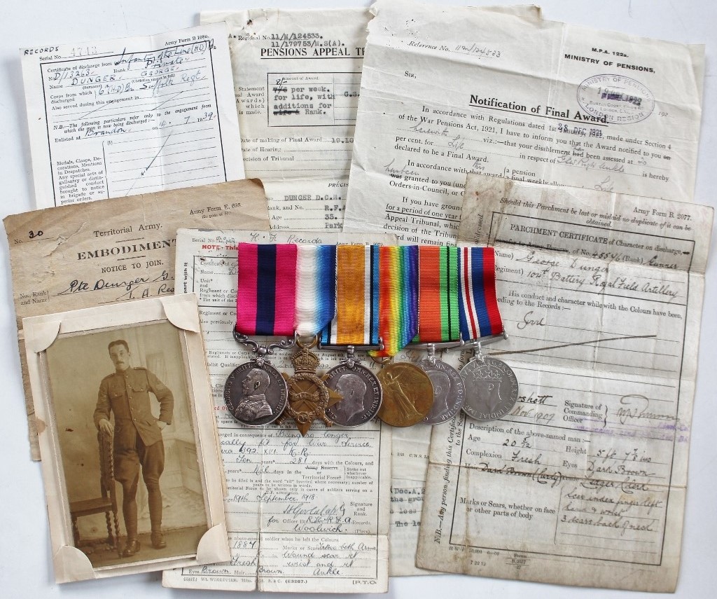 WW1 Distinguished Conduct Medal, 1914-15 Star Trio, WW2 Defence & War Medal Group of Six - B.S.Mjr. G. Dunger, Royal Horse Artillery / Royal Field Artillery - Wounded