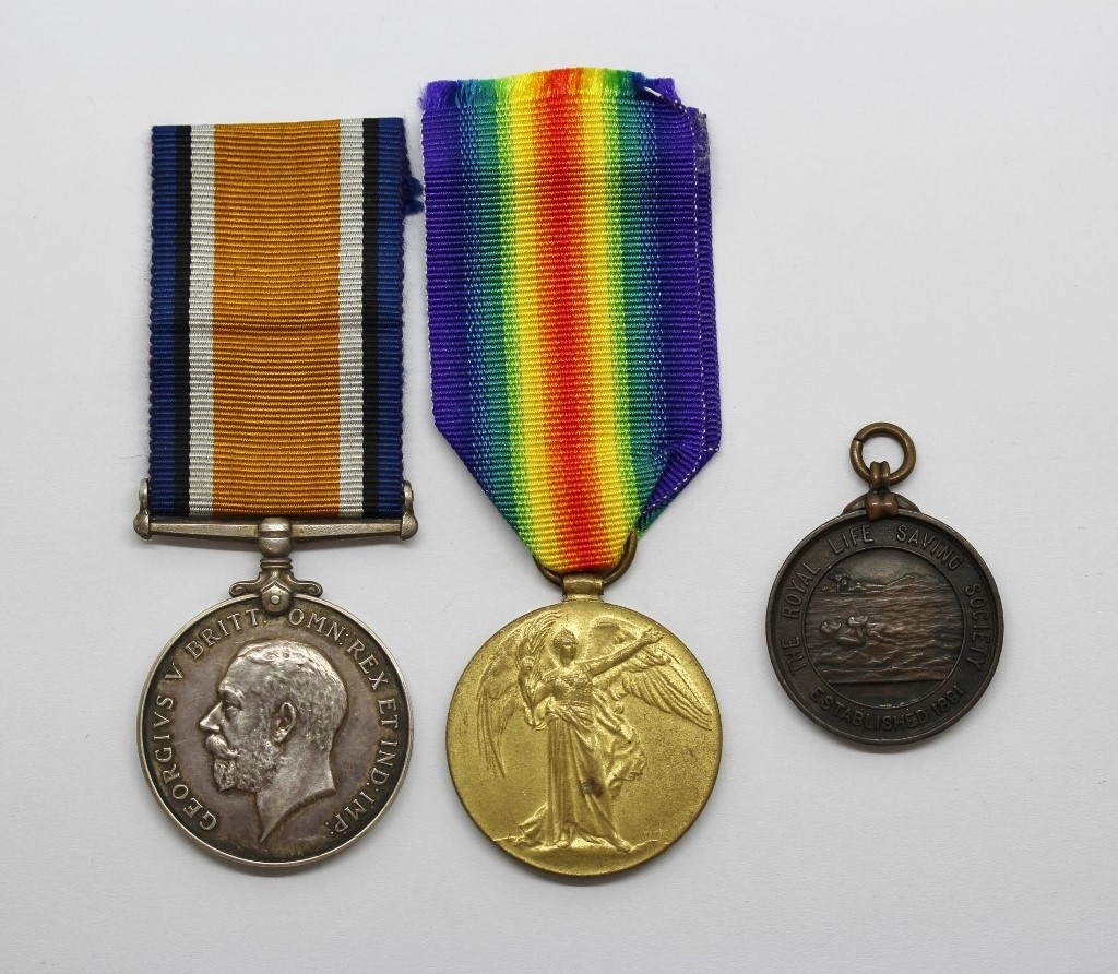 WW1 British War & Victory Medal Pair with Royal Life Saving Society Medal - Pte. R. Clayton, Army Service Corps